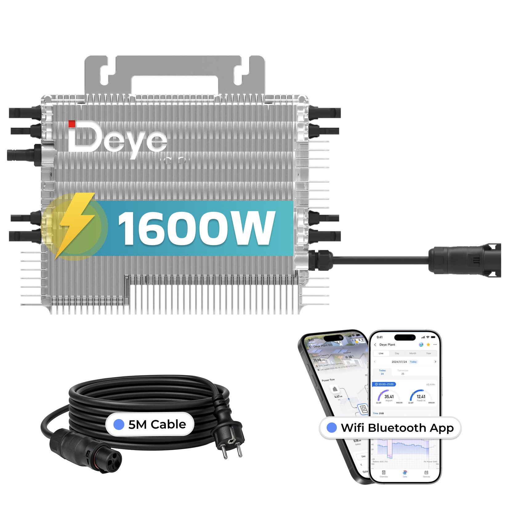 DEYE Mikro-Wechselrichter 1600 W SUN-M160G4-EU-Q0 inkl. 5m Anschlusskabel für Mini-PV Solaranlage Balkonkraftwerk, IP67 wetterfest, 4 MPPT, WIFI, Micro Inverter