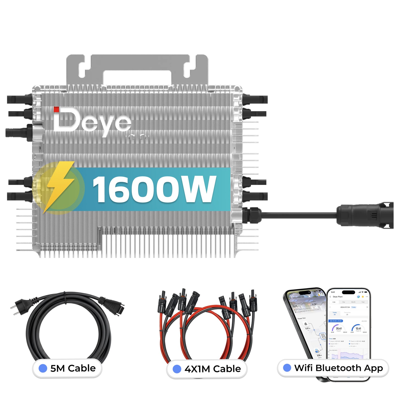 DEYE Mikro-Wechselrichter 1600 W SUN-M160G4-EU-Q0 inkl. 5m Anschlusskabel und 4x1m Solarkabel für Mini-PV Solaranlage Balkonkraftwerk, IP67 wetterfest, 4 MPPT, WIFI, Micro Inverter