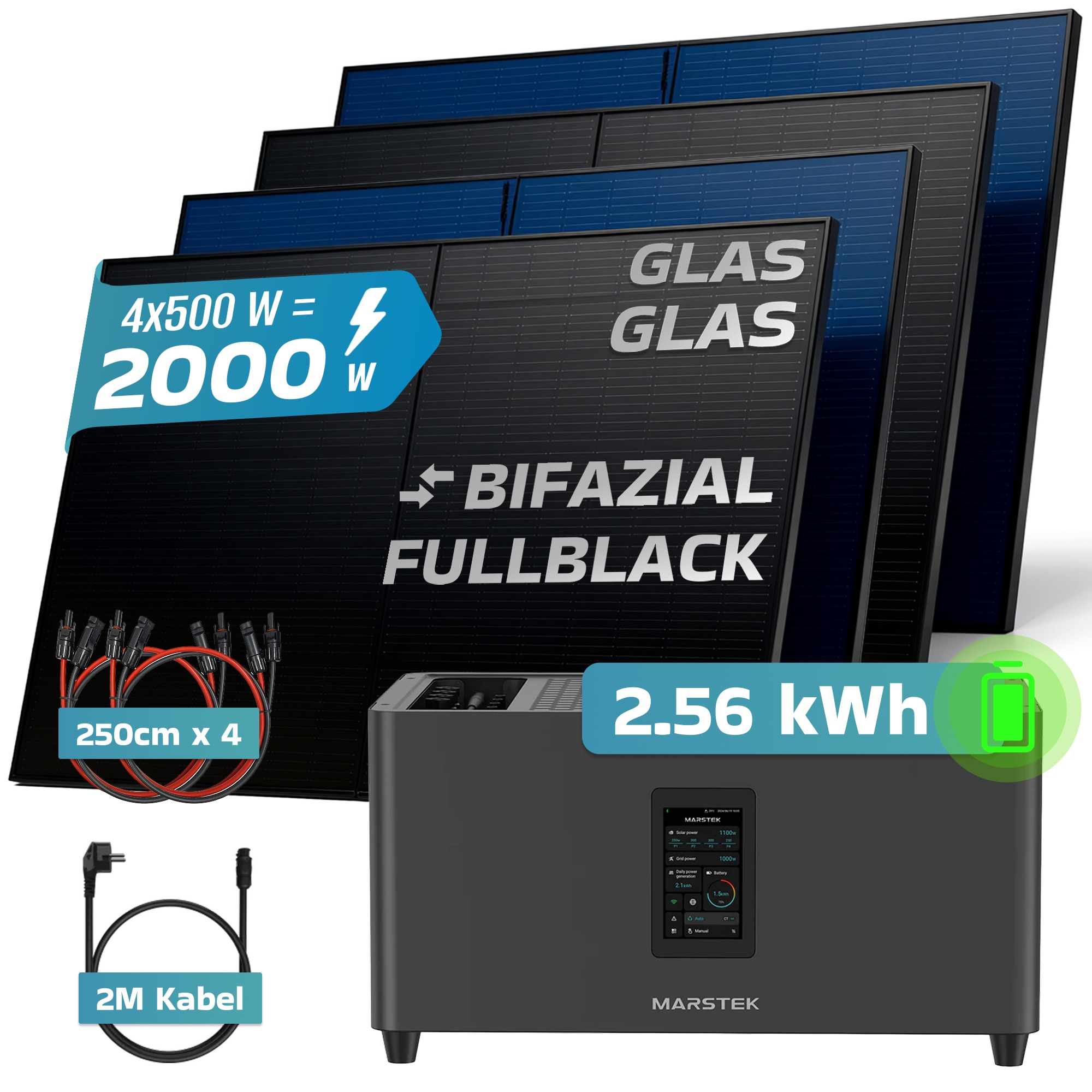 SUNNIVA&reg; 2000W Balkonkraftwerk mit 2,56 kWh Speicher MARSTEK Jupiter C + Plus, BIFAZIAL FULLBLACK komplett Steckdose, PV Solaranlage Komplettset mit Solarspeicher, 4x 500W N-Type Glas-Glas Bifacial - Bild 1