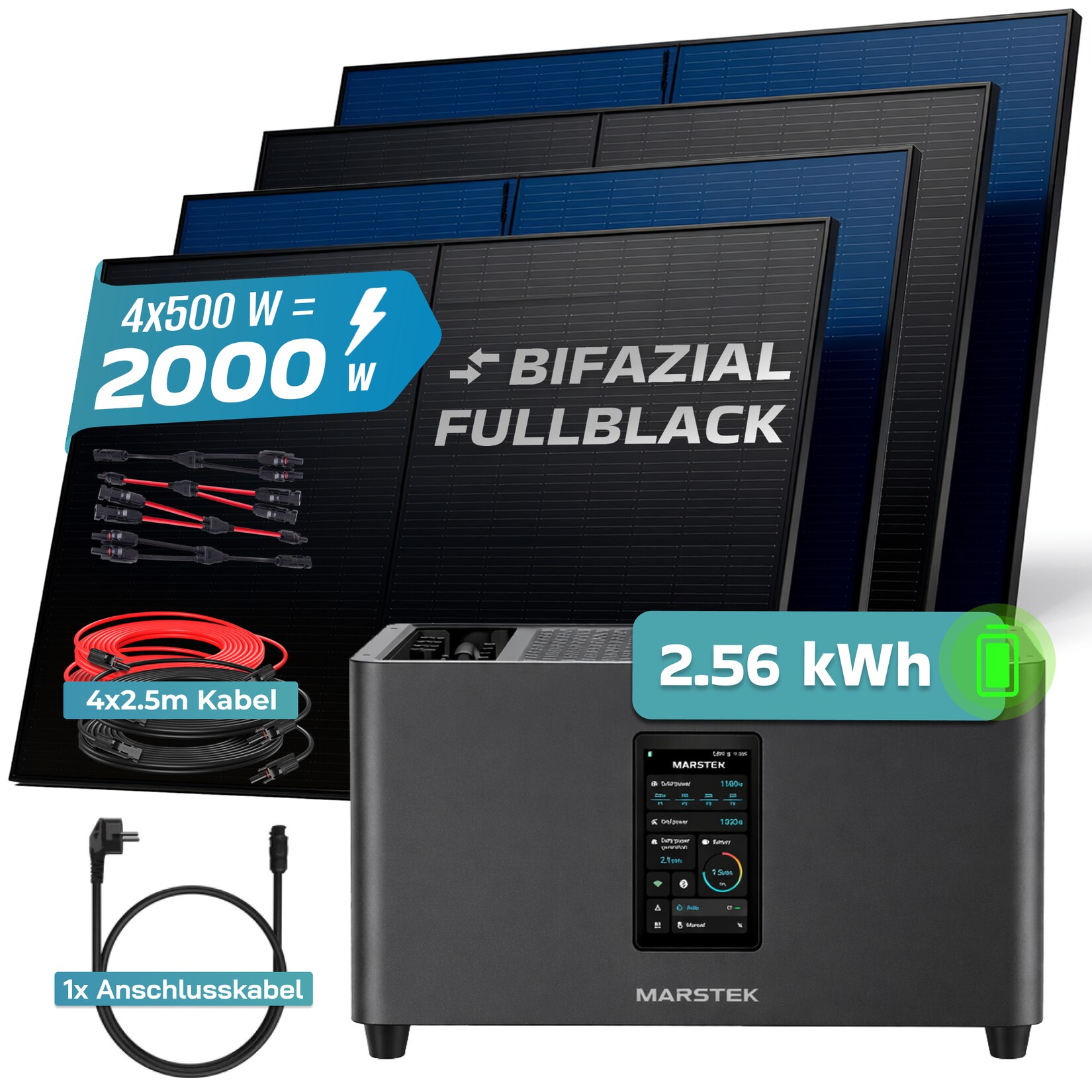 SUNNIVA® 2000W Balkonkraftwerk mit 2,56 kWh Speicher Marstek Jupiter C Plus & 800W Wechselrichter, BIFAZIAL FULLBLACK komplett Steckdose, PV Solaranlage Komplettset Solarspeicher, 4x500W N-Type Glas