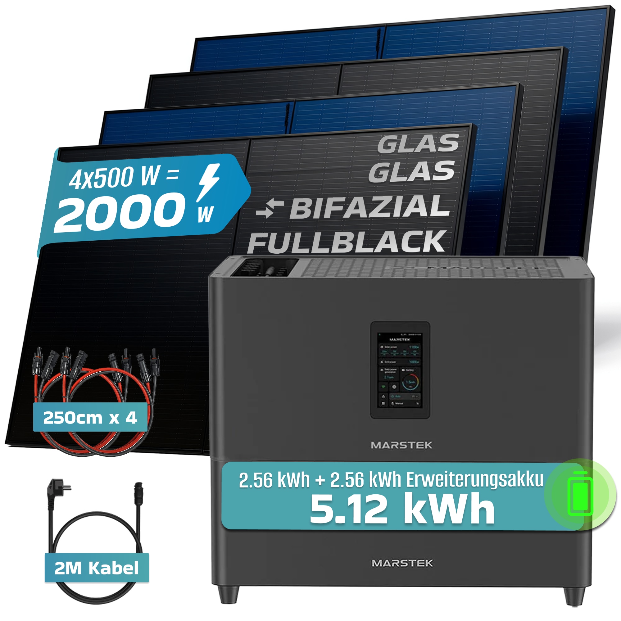 SUNNIVA&reg; 2000W Balkonkraftwerk mit 5,12 kWh Speicher MARSTEK Jupiter C + Plus, BIFAZIAL FULLBLACK komplett Steckdose, PV Solaranlage Komplettset mit Solarspeicher, 4x 500W N-Type Glas-Glas Bifacial PV - Bild 1