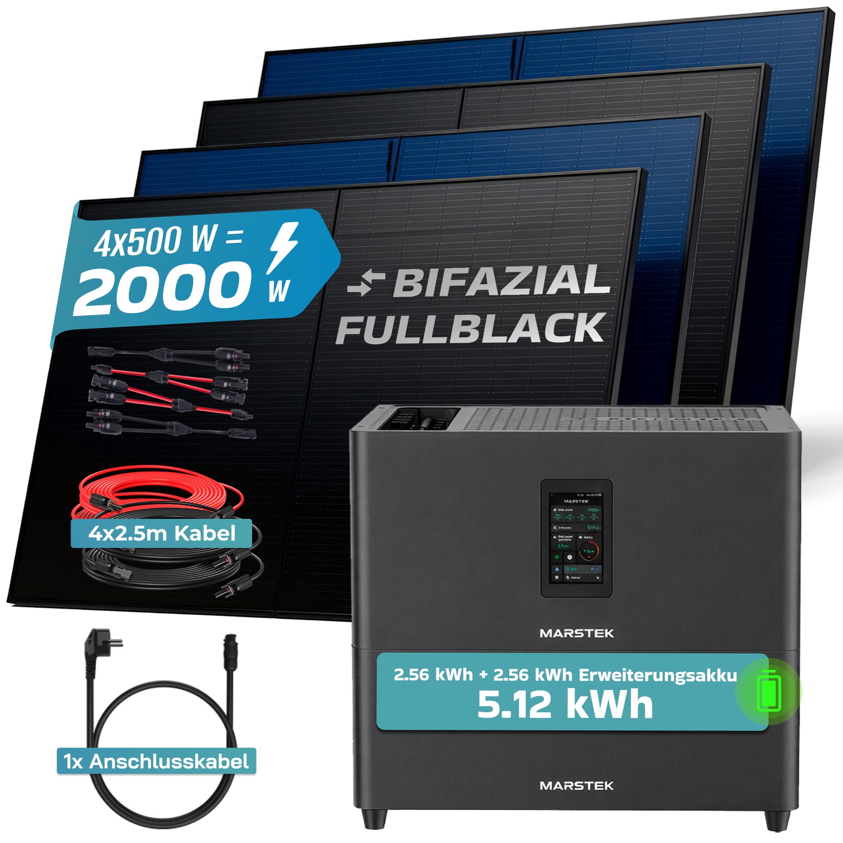 SUNNIVA® 2000W Balkonkraftwerk mit 5,12 kWh Speicher Marstek Jupiter C Plus & 800W Wechselrichter, BIFAZIAL FULLBLACK komplett Steckdose, PV Solaranlage Komplettset Solarspeicher, 4x500W N-Type Glas