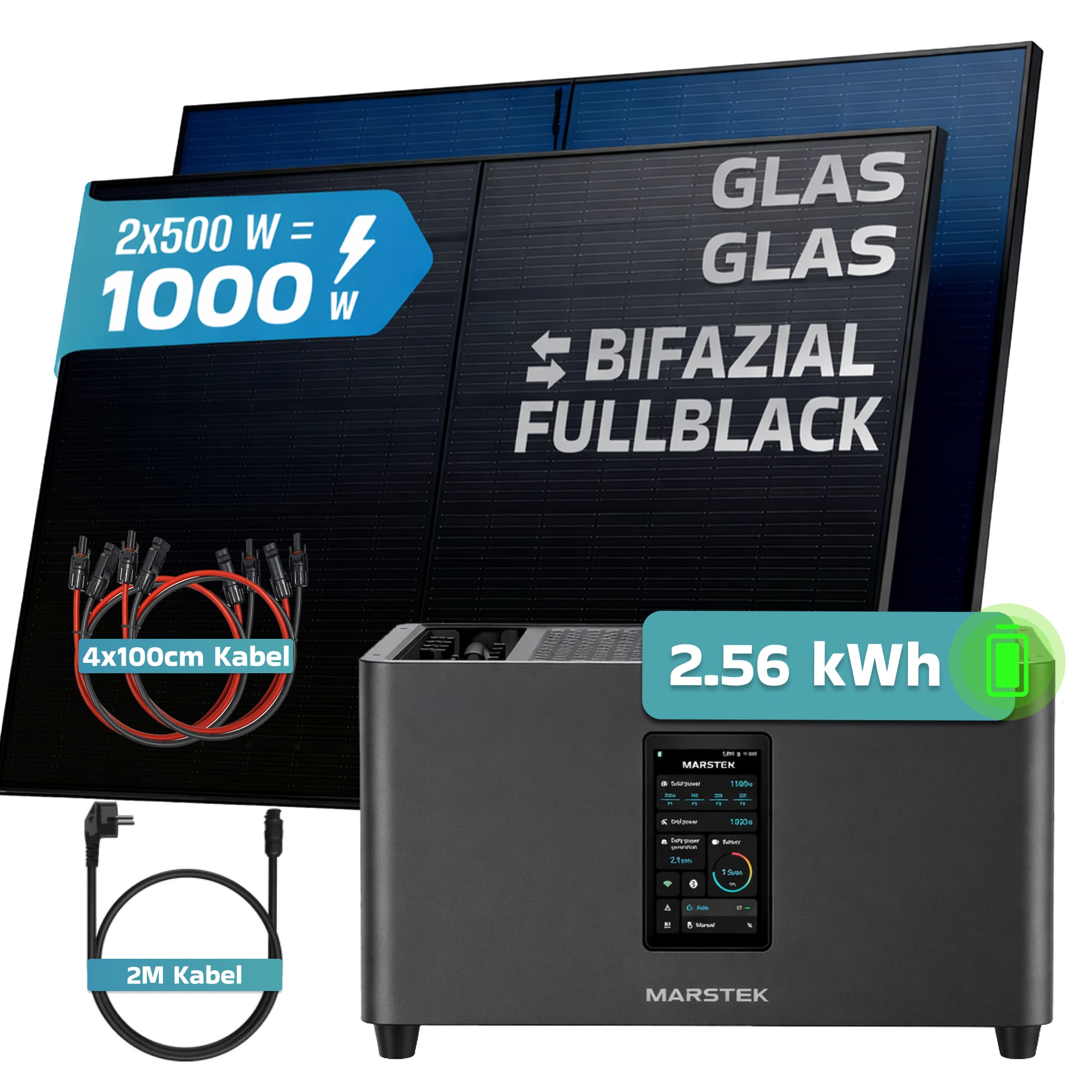 SUNNIVA&reg; 1000W Balkonkraftwerk mit 2,56 kWh Speicher MARSTEK Jupiter C + Plus, BIFAZIAL FULLBLACK komplett Steckdose, PV Solaranlage Komplettset mit Solarspeicher, 2x 500W N-Type Glas-Glas Bifacial PV - Bild 1