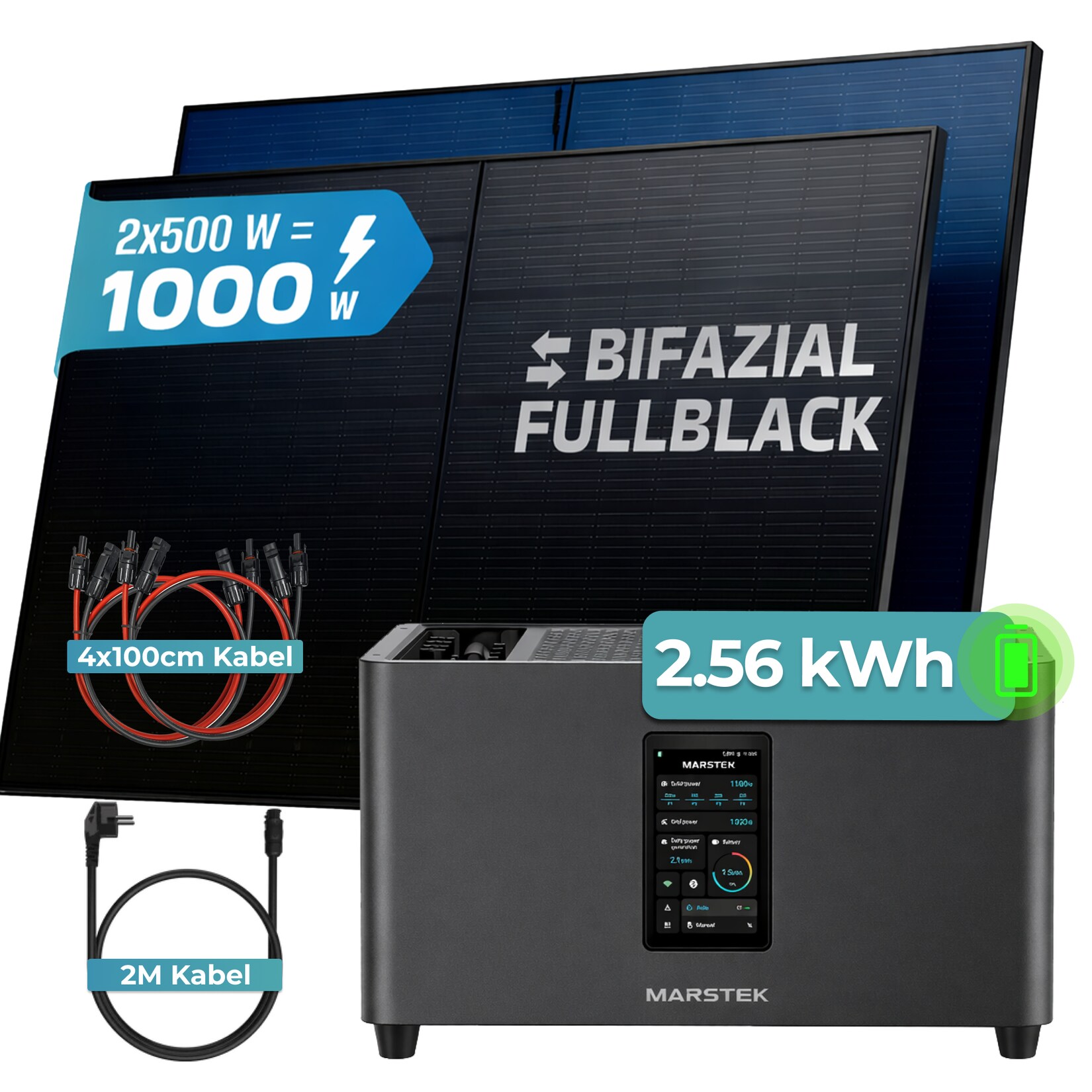 SUNNIVA® 1000W Balkonkraftwerk mit 2,56 kWh Speicher Marstek Jupiter C Plus & 800W Wechselrichter, BIFAZIAL FULLBLACK komplett Steckdose, PV Solaranlage Komplettset Solarspeicher, 2x500W N-Type Glas