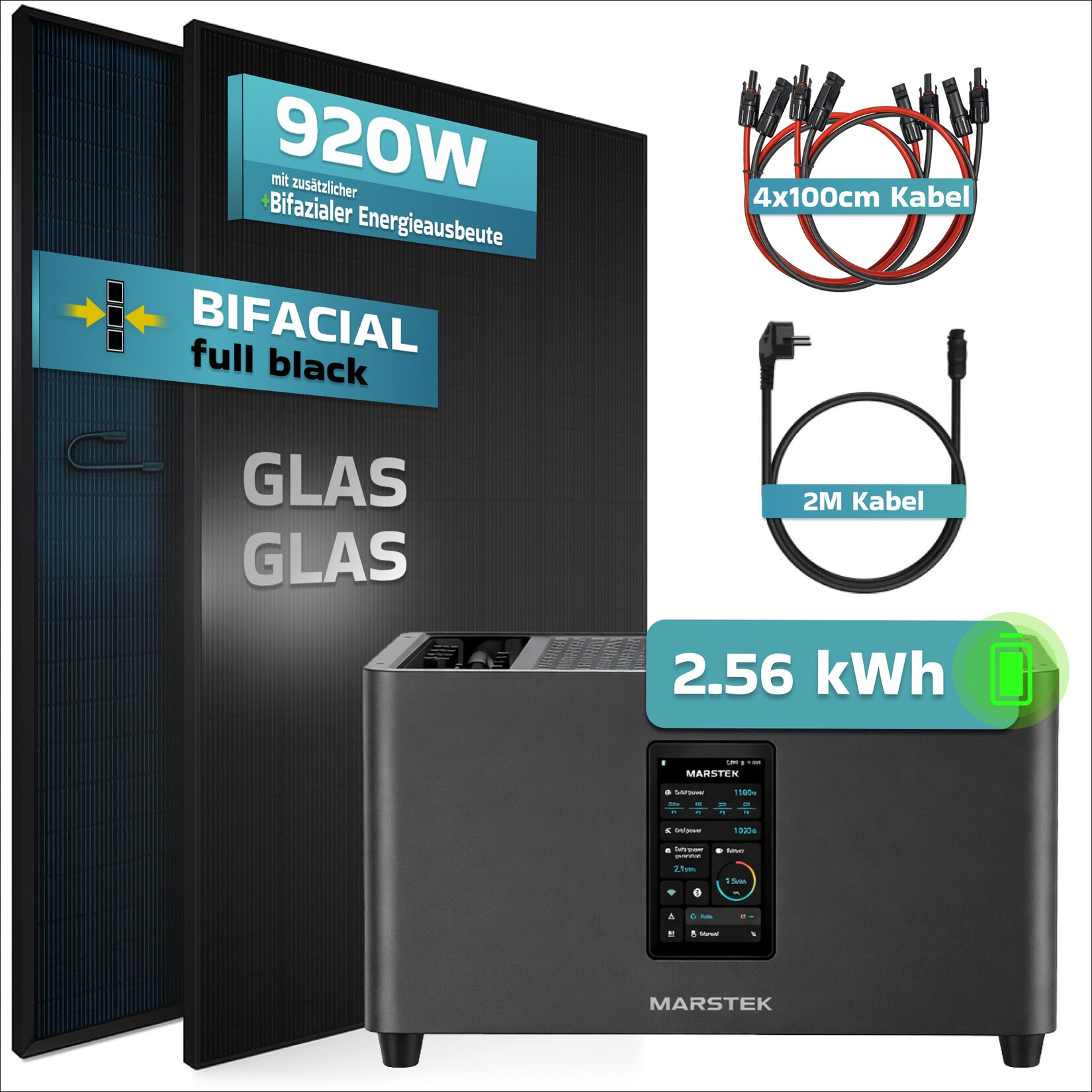 SUNNIVA® 920W Balkonkraftwerk mit 2,56 kWh Speicher Marstek Jupiter C Plus & 800W Wechselrichter, BIFAZIAL FULLBLACK komplett Steckdose, PV Solaranlage Komplettset Solarspeicher, 2x460W N-Type Glas