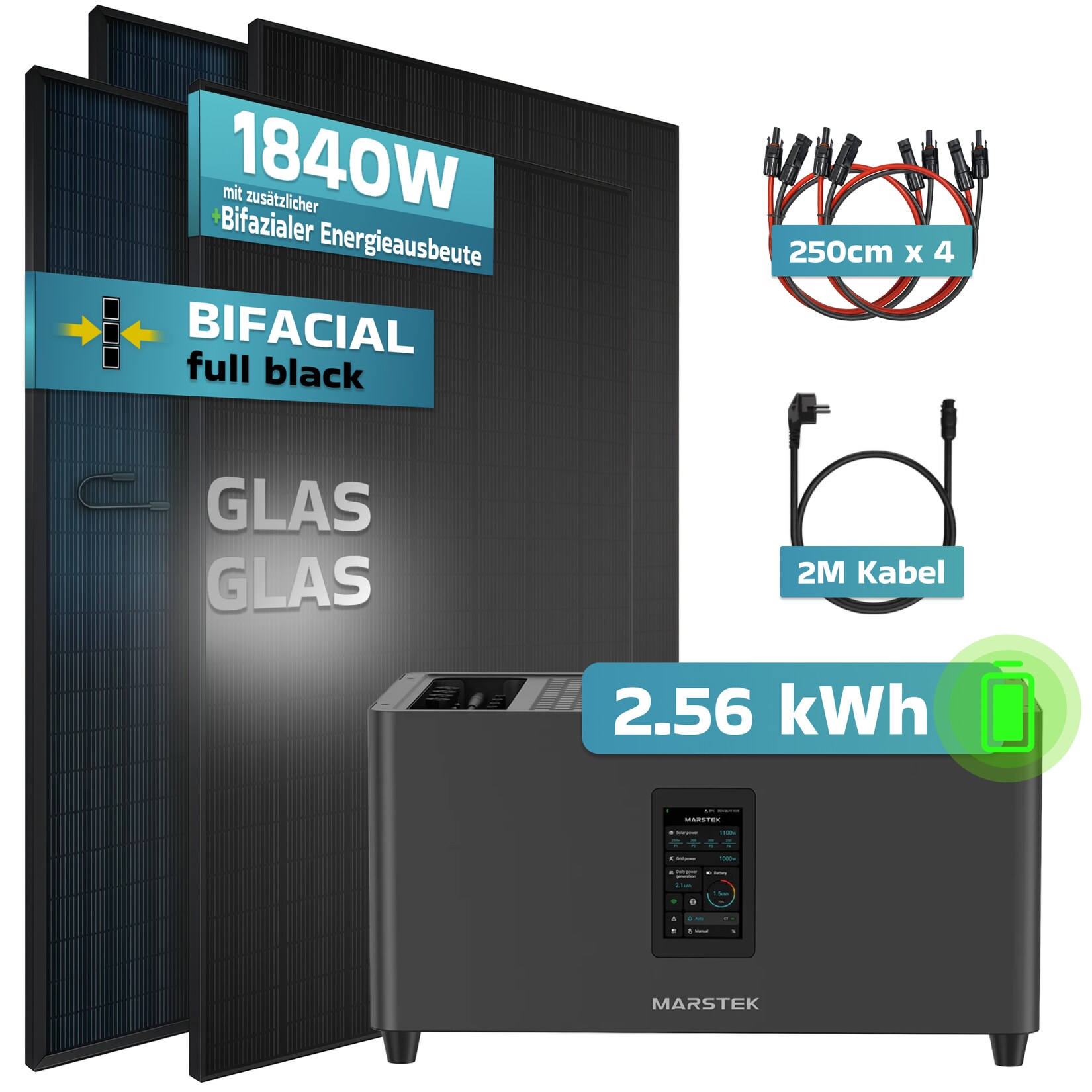 SUNNIVA® 1840W Balkonkraftwerk mit 2,56 kWh Speicher Marstek Jupiter C Plus & 800W Wechselrichter, BIFAZIAL FULLBLACK komplett Steckdose, PV Solaranlage Komplettset Solarspeicher, 4x460W N-Type Glas