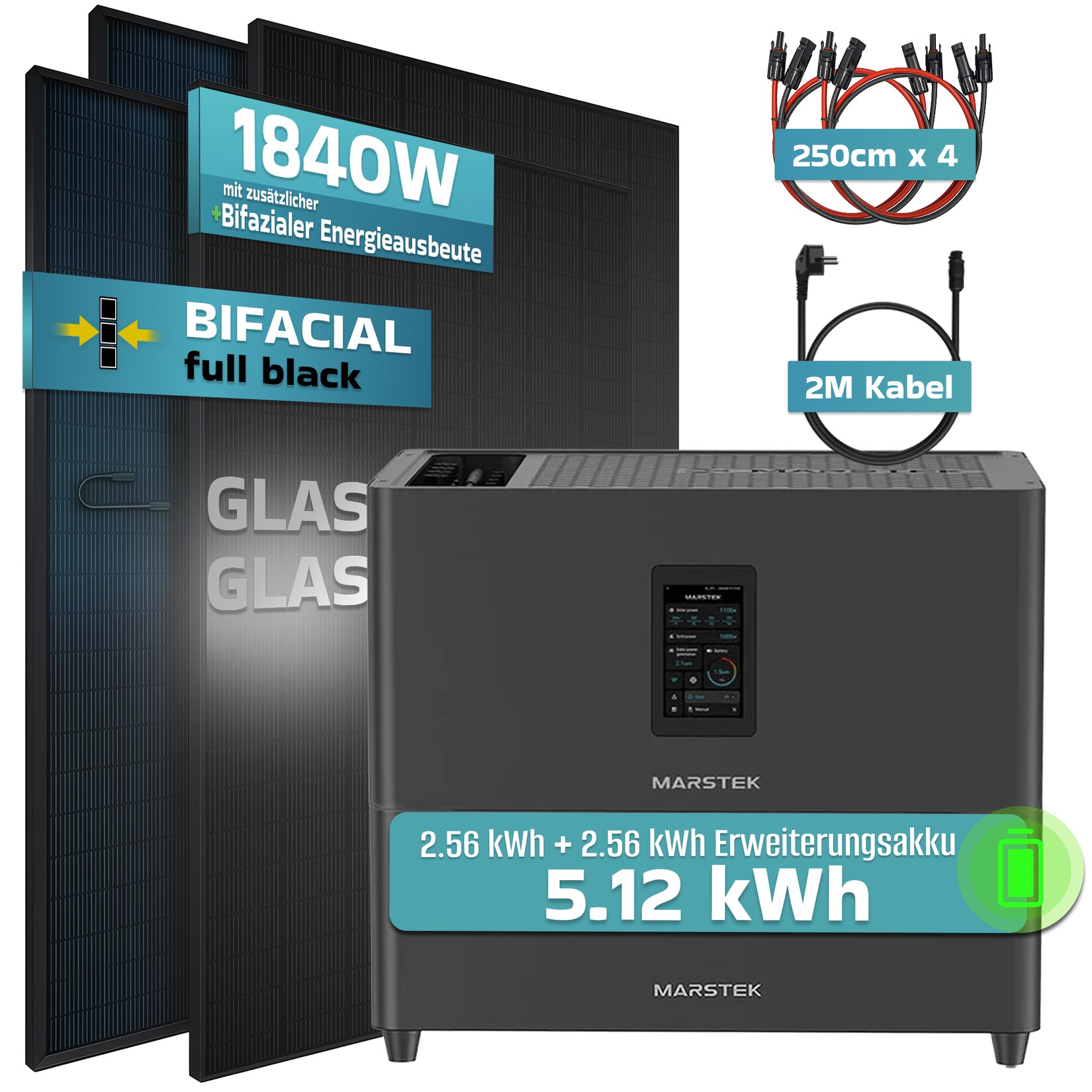 SUNNIVA® 1840W Balkonkraftwerk mit 5,12 kWh Speicher Marstek Jupiter C Plus & 800W Wechselrichter, BIFAZIAL FULLBLACK komplett Steckdose, PV Solaranlage Komplettset Solarspeicher, 4x460W N-Type Glas