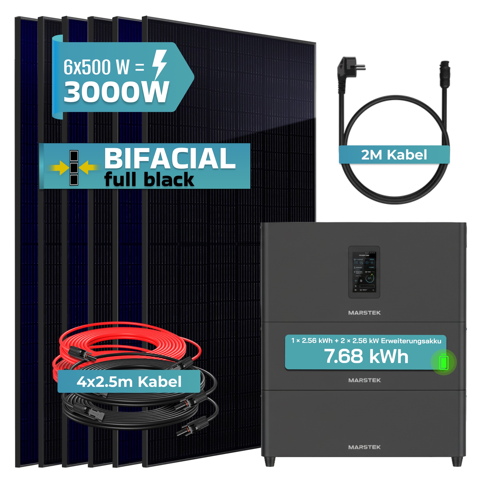 SUNNIVA&reg; 3000W Balkonkraftwerk mit 7,68 kWh Speicher MARSTEK Jupiter C + Plus, BIFAZIAL FULLBLACK komplett Steckdose, PV Solaranlage Komplettset mit Solarspeicher, 6x 500W N-Type Glas-Glas Bifacial PV - Bild 1