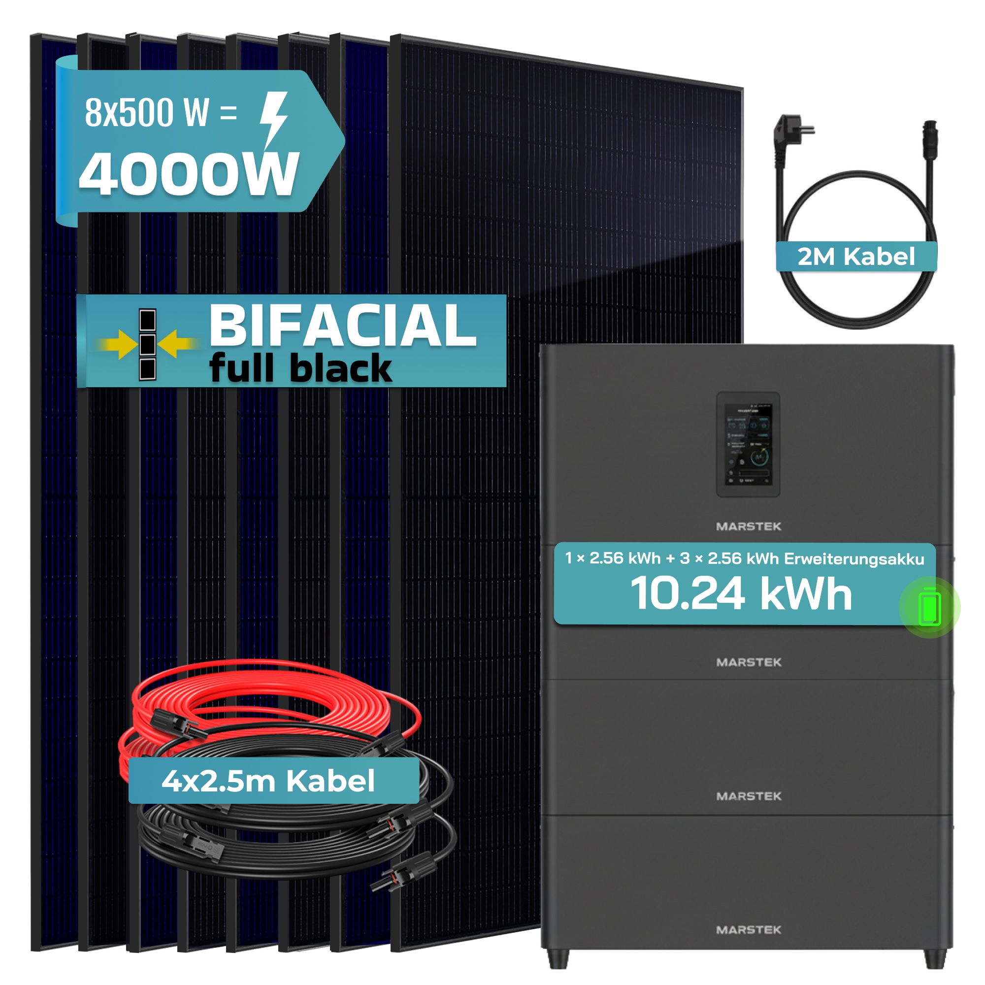 SUNNIVA&reg; 4000W Balkonkraftwerk mit 10,24 kWh Speicher MARSTEK Jupiter C + Plus, BIFAZIAL FULLBLACK komplett Steckdose, PV Solaranlage Komplettset mit Solarspeicher, 8x 500W N-Type Glas-Glas Bifacial PV - Bild 1