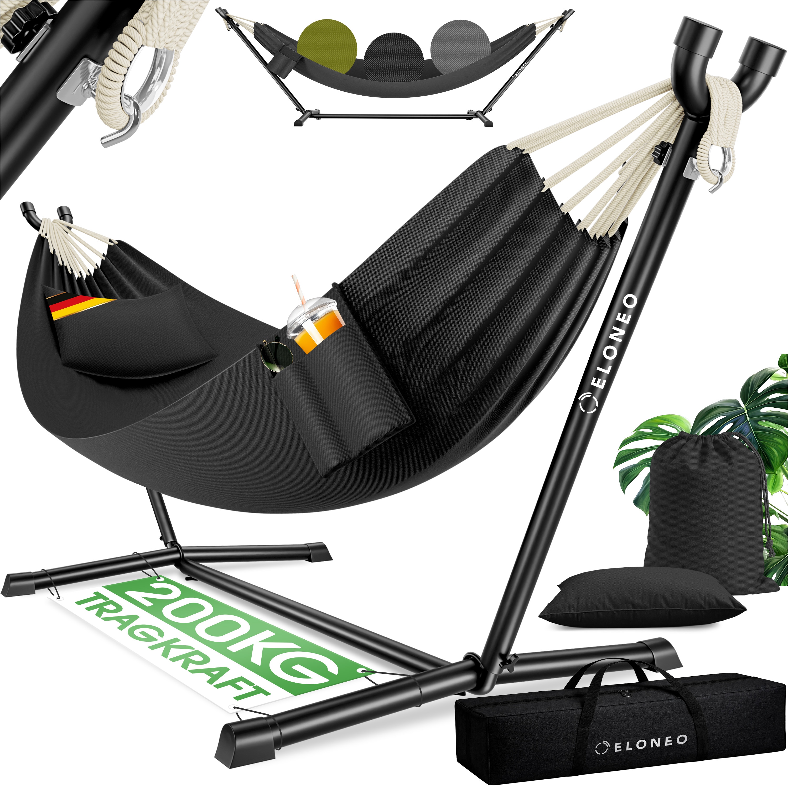 ELONEO H&auml;ngematte mit Gestell f&uuml;r 2 Personen, 200 kg Belastbarkeit, h&ouml;henverstellbares H&auml;ngemattengestell Outdoor und Indoor Hammock inklusive Kissen, Tragetasche und Beutel, Anthrazit - Bild 1