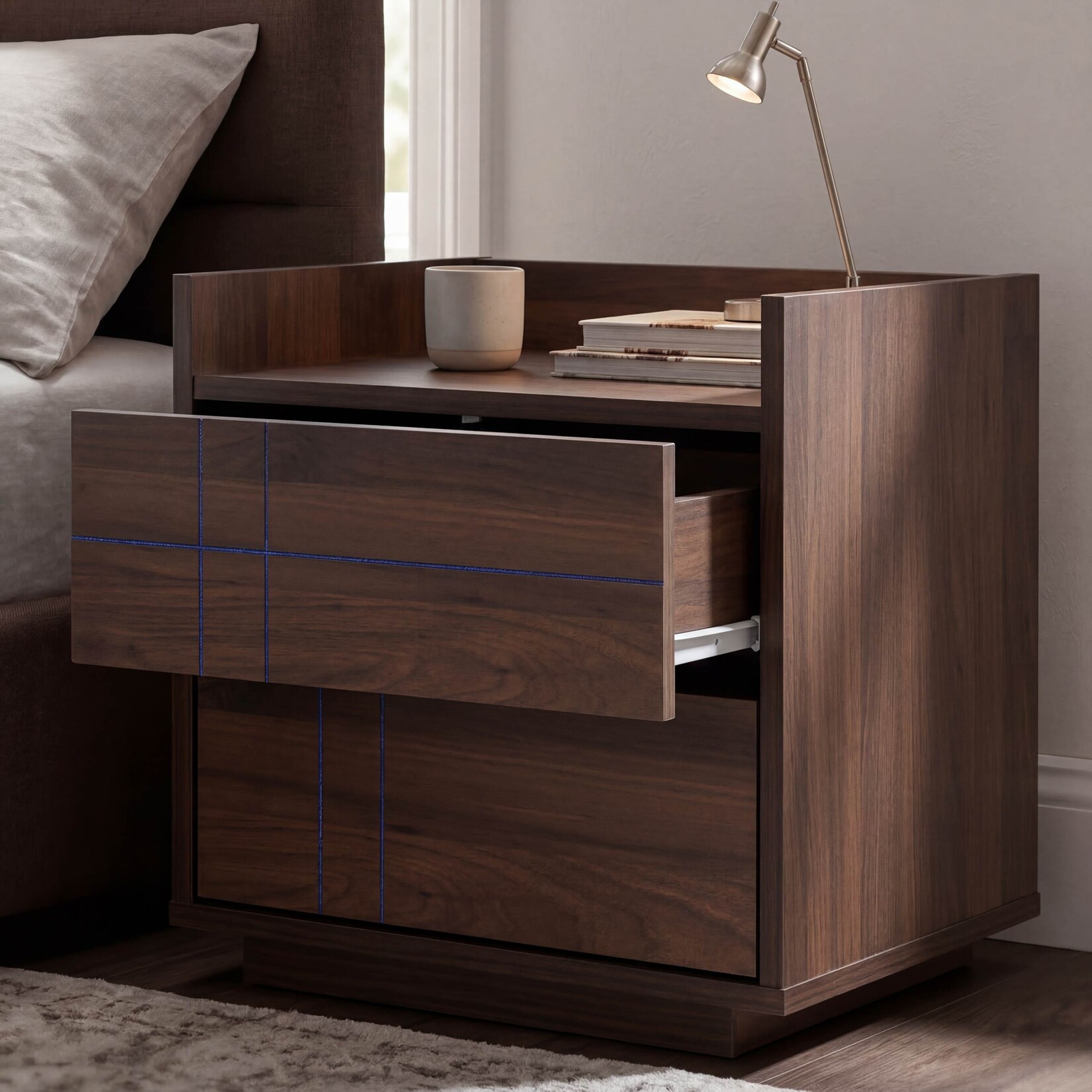 Nachttisch MCW-P44, Nachtkasten Nachtschrank Nachtkommode, 2 Schubladen MDF 43x48x41cm ~ Walnuss-Optik
