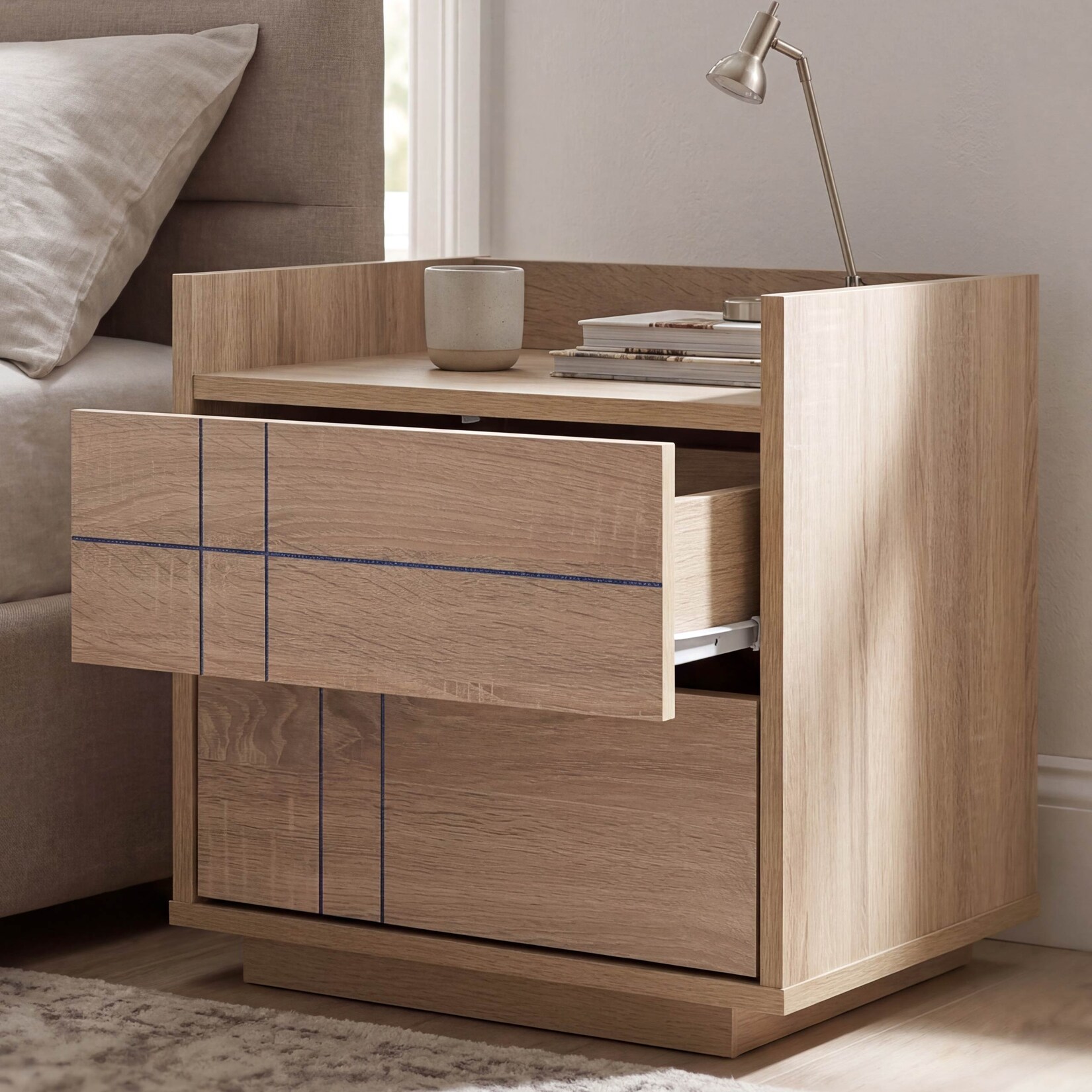 Nachttisch MCW-P44, Nachtkasten Nachtschrank Nachtkommode, 2 Schubladen MDF 43x48x41cm ~ Sonoma-Eiche-Optik