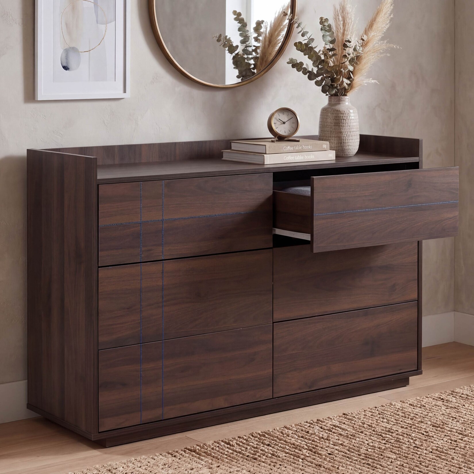 Kommode MCW-P44, Sideboard Schrank Anrichte, 6 Schubladen Push-to-open, MDF 83x120x40cm ~ Walnuss-Optik
