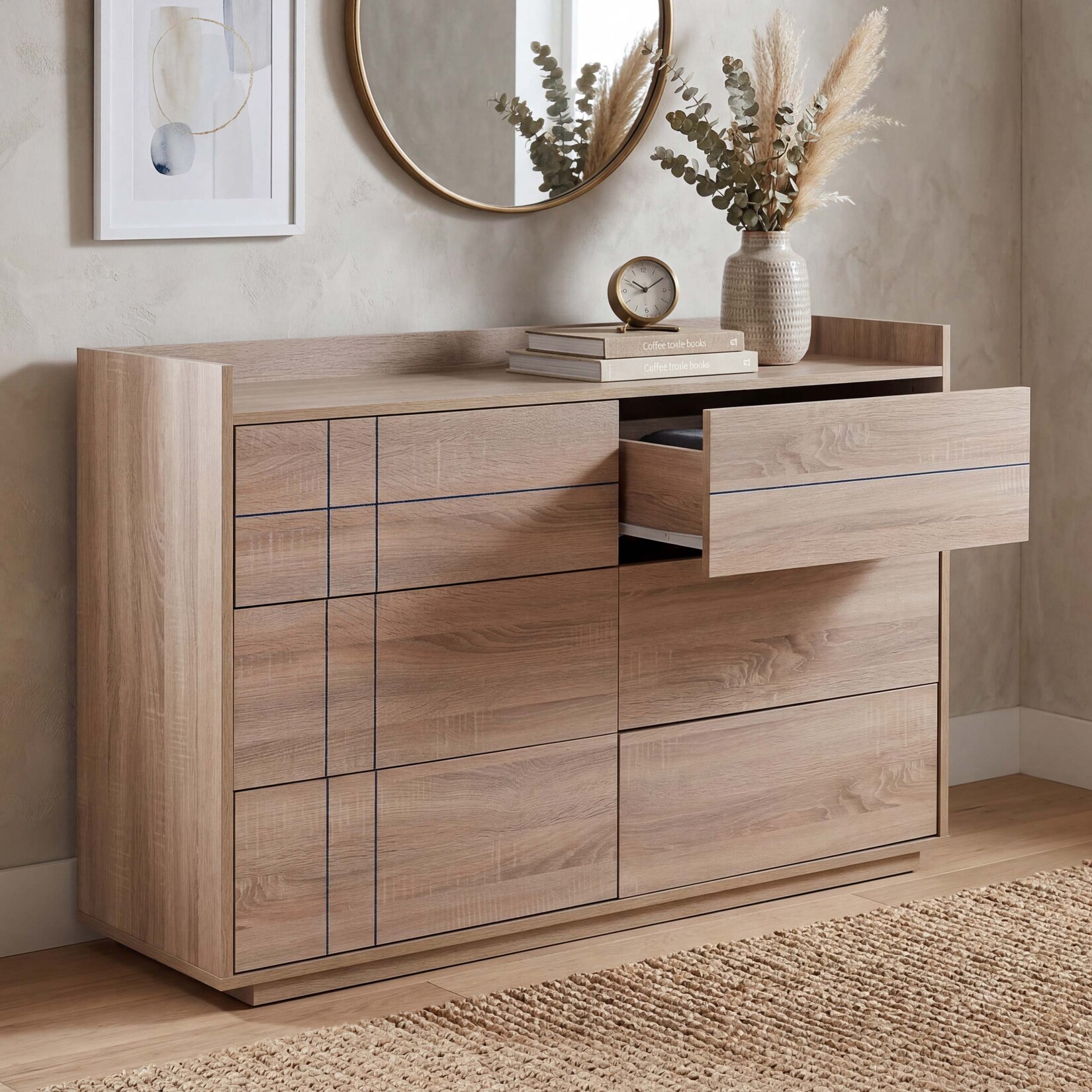 Kommode MCW-P44, Sideboard Schrank Anrichte, 6 Schubladen Push-to-open, MDF 83x120x40cm ~ Sonoma-Eiche-Optik
