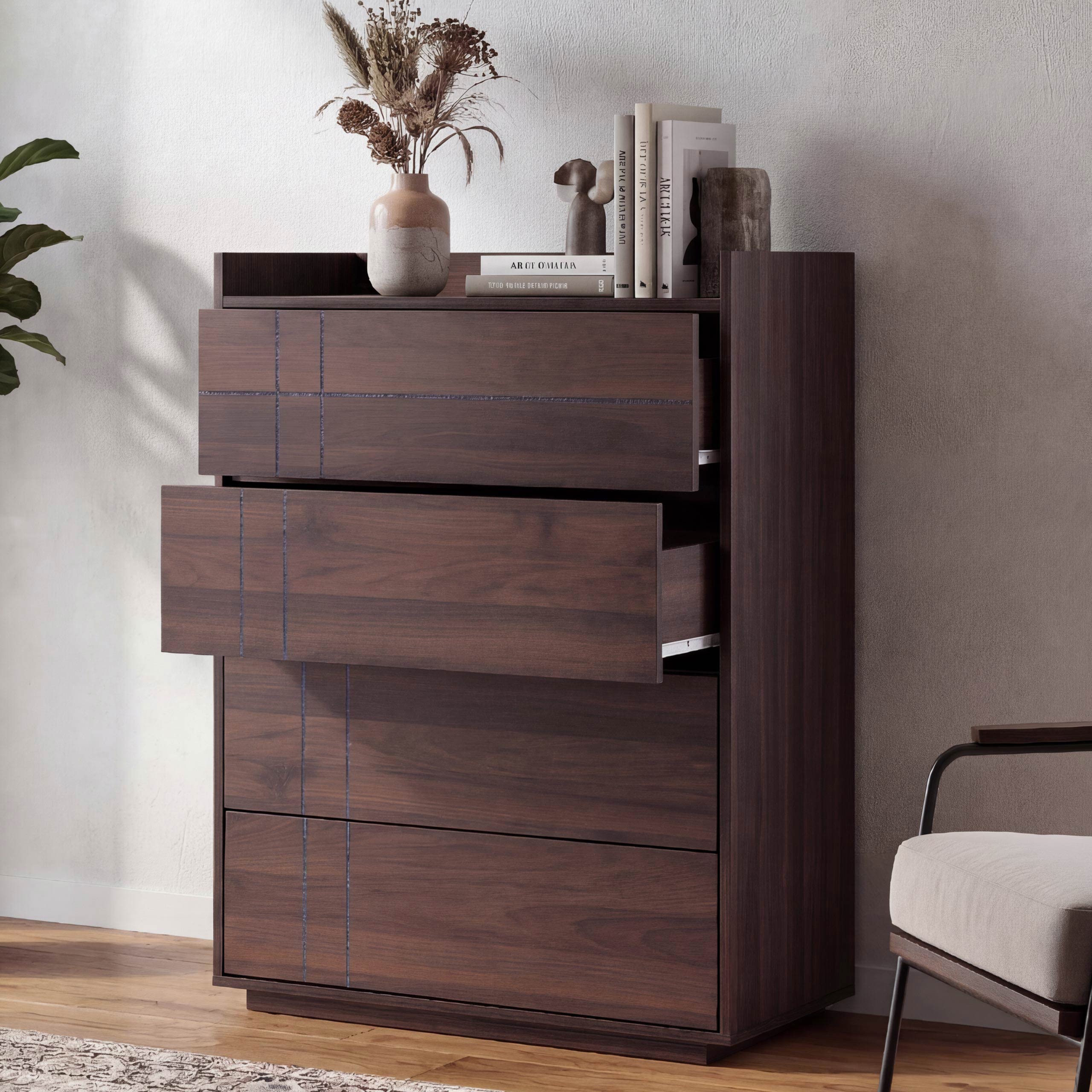 Kommode MCW-P44, Sideboard Schrank Anrichte, 4 Schubladen Push-to-open, MDF 107x80x40cm ~ Walnuss-Optik - Bild 1