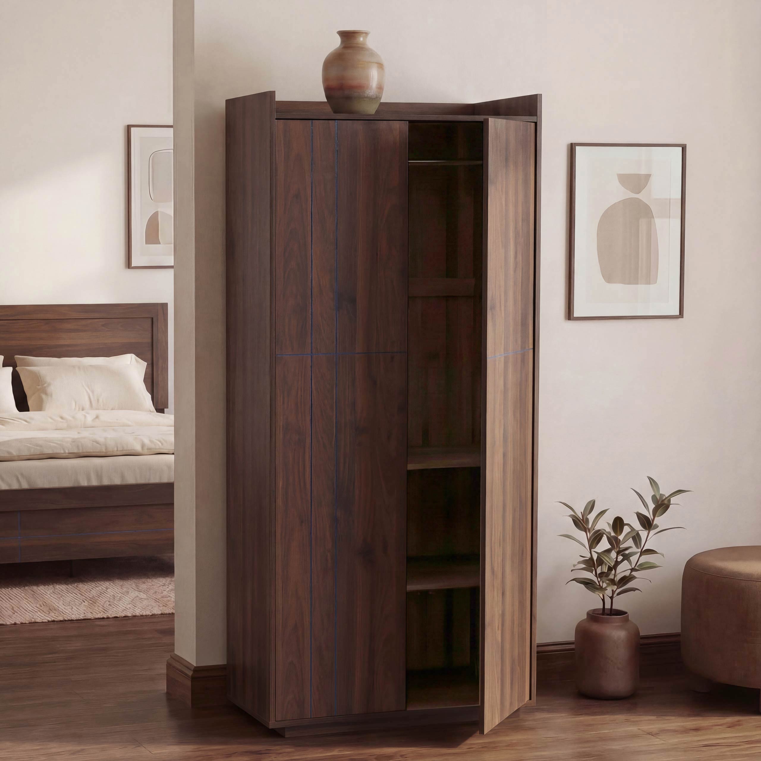 Schrank MCW-P44, Kleiderschrank Garderobenschrank 2 T&uuml;ren Push-to-open, MDF 184x80x40cm ~ Walnuss-Optik - Bild 1