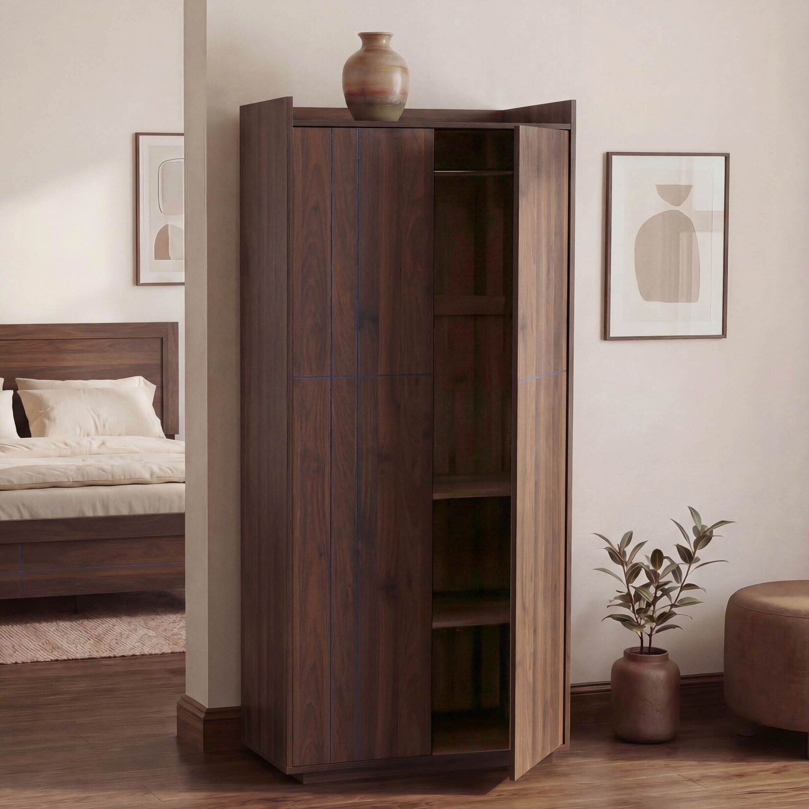 Schrank -P44, Kleiderschrank Garderobenschrank 2 Türen Push-to-open, MDF 184x80x40cm ~ Walnuss-Optik