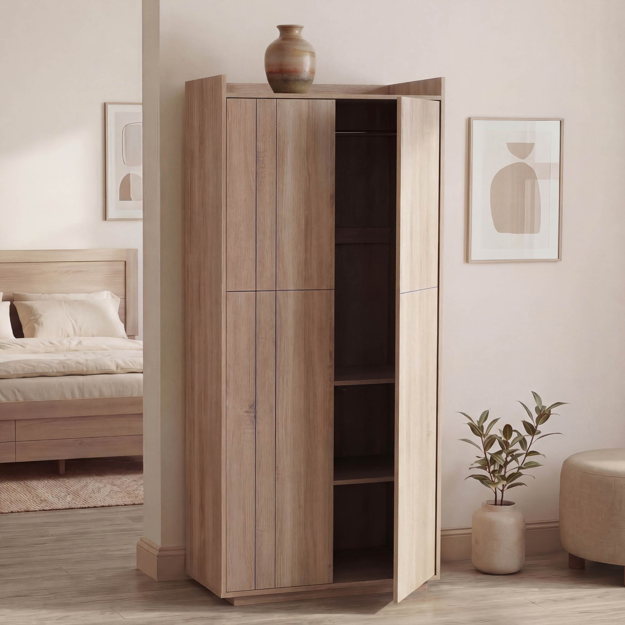 Schrank MCW-P44, Kleiderschrank Garderobenschrank 2 T&uuml;ren Push-to-open, MDF 184x80x40cm ~ Sonoma-Eiche-Optik - Bild 1