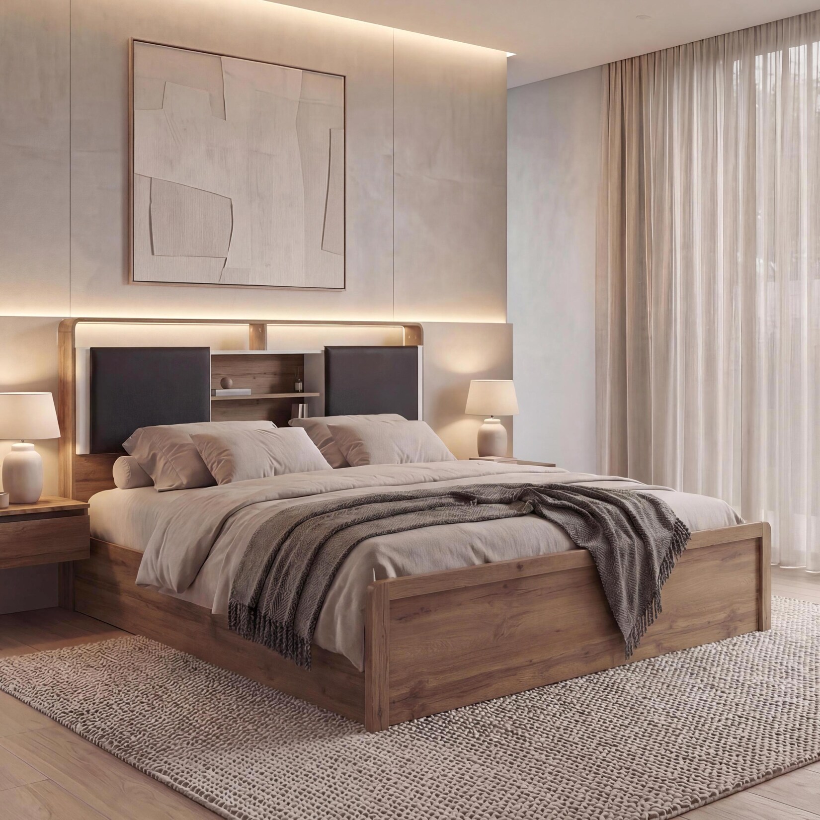 Queen Size Bett MCW-P43, Doppelbett Bettgestell mit Lattenrost, MDF 160x200cm ~ Wotan-Eiche-Optik, weiß