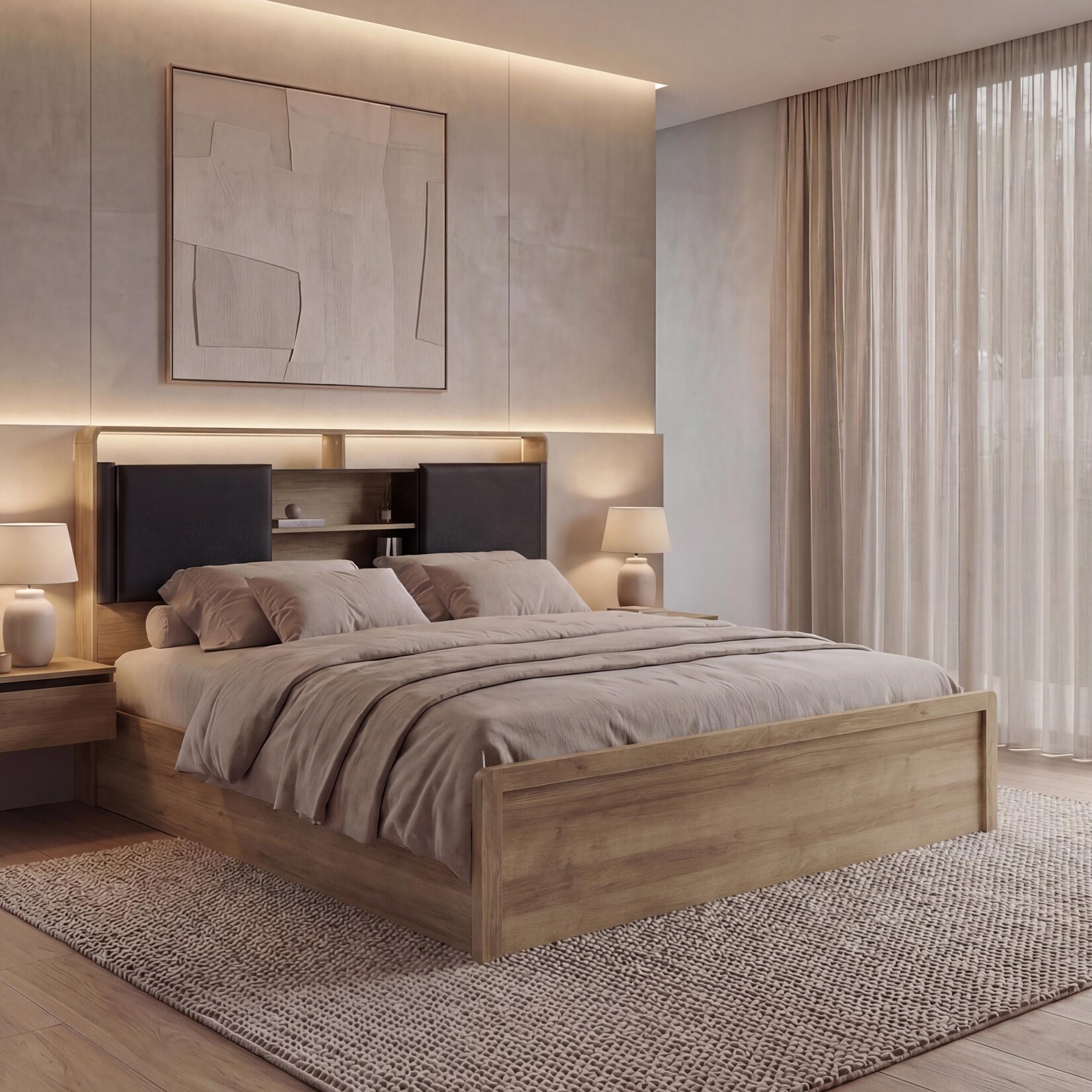 Queen Size Bett MCW-P43, Doppelbett Bettgestell mit Lattenrost, MDF 160x200cm ~ Rivera-Eiche-Optik, dunkelgrau