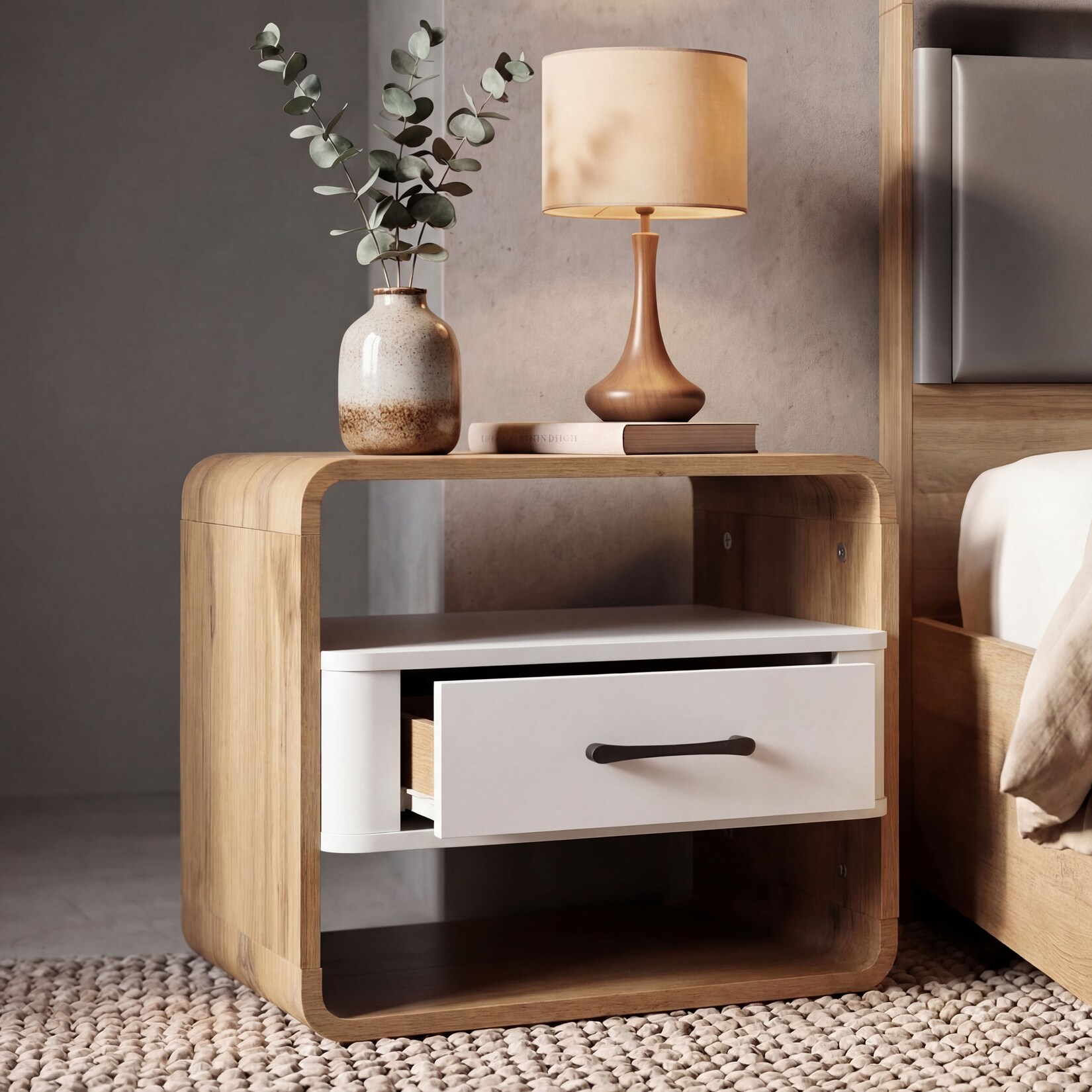 Nachttisch MCW-P43, Nachtkasten Nachtschrank Nachtkommode, Schublade MDF 40x48x44cm ~ Wotan-Eiche-Optik, weiß