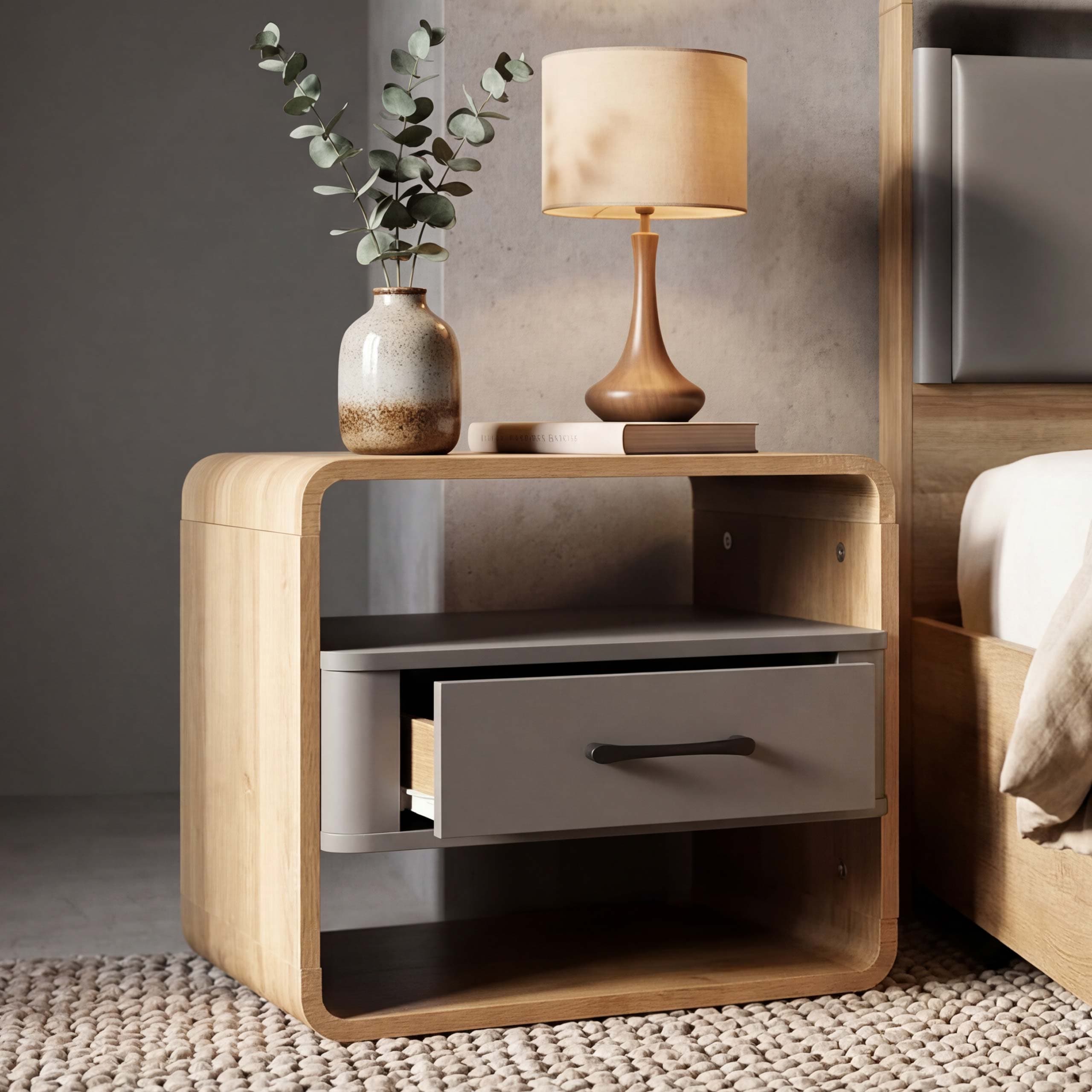 Nachttisch MCW-P43, Nachtkasten Nachtschrank Nachtkommode, Schublade MDF&nbsp;40x48x44cm ~ Rivera-Eiche-Optik, dunkelgrau - Bild 1