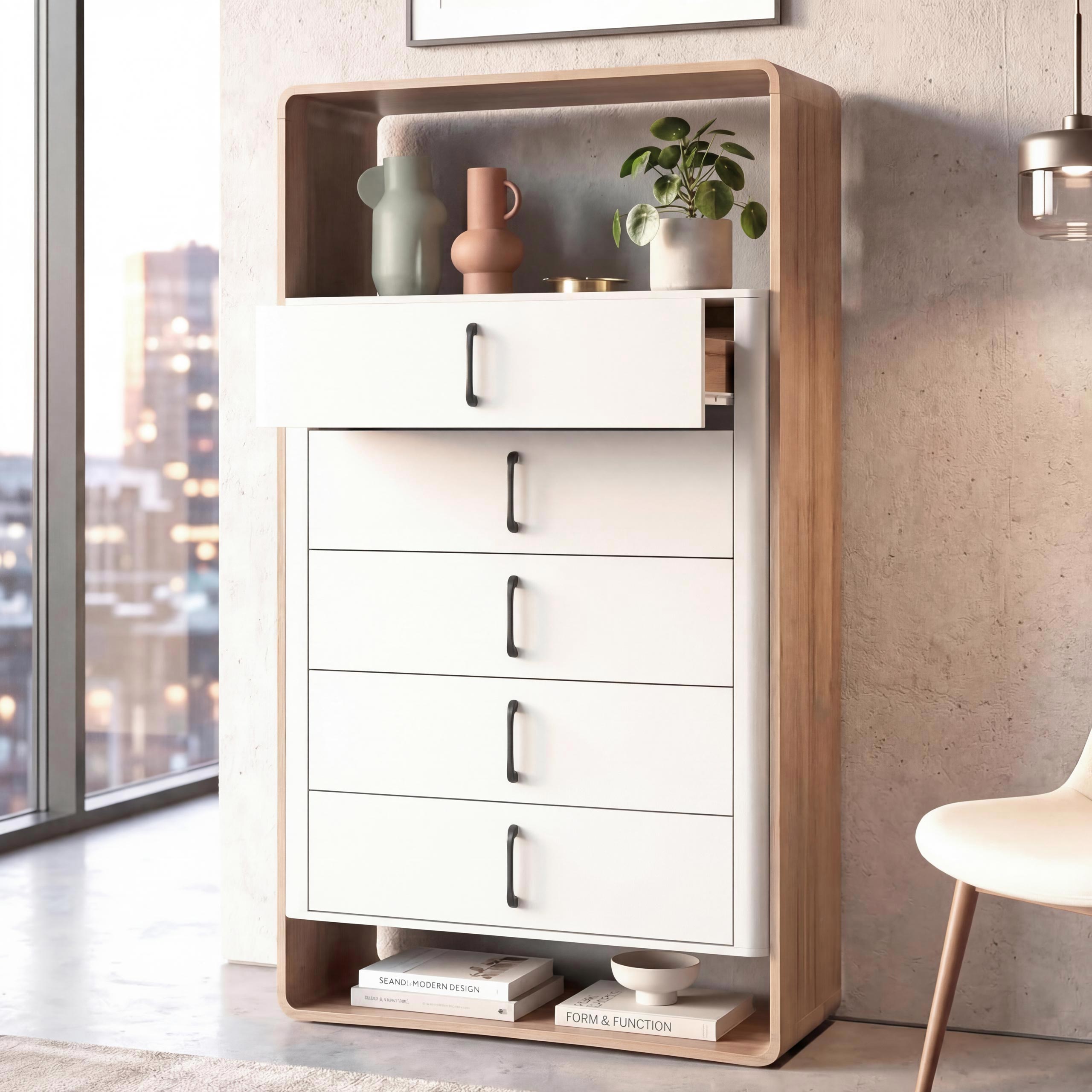 Highboard MCW-P43, Hochschrank Sideboard Kommode, 5 Schubladen MDF 155x80x41cm ~ Wotan-Eiche-Optik, wei&szlig; - Bild 1