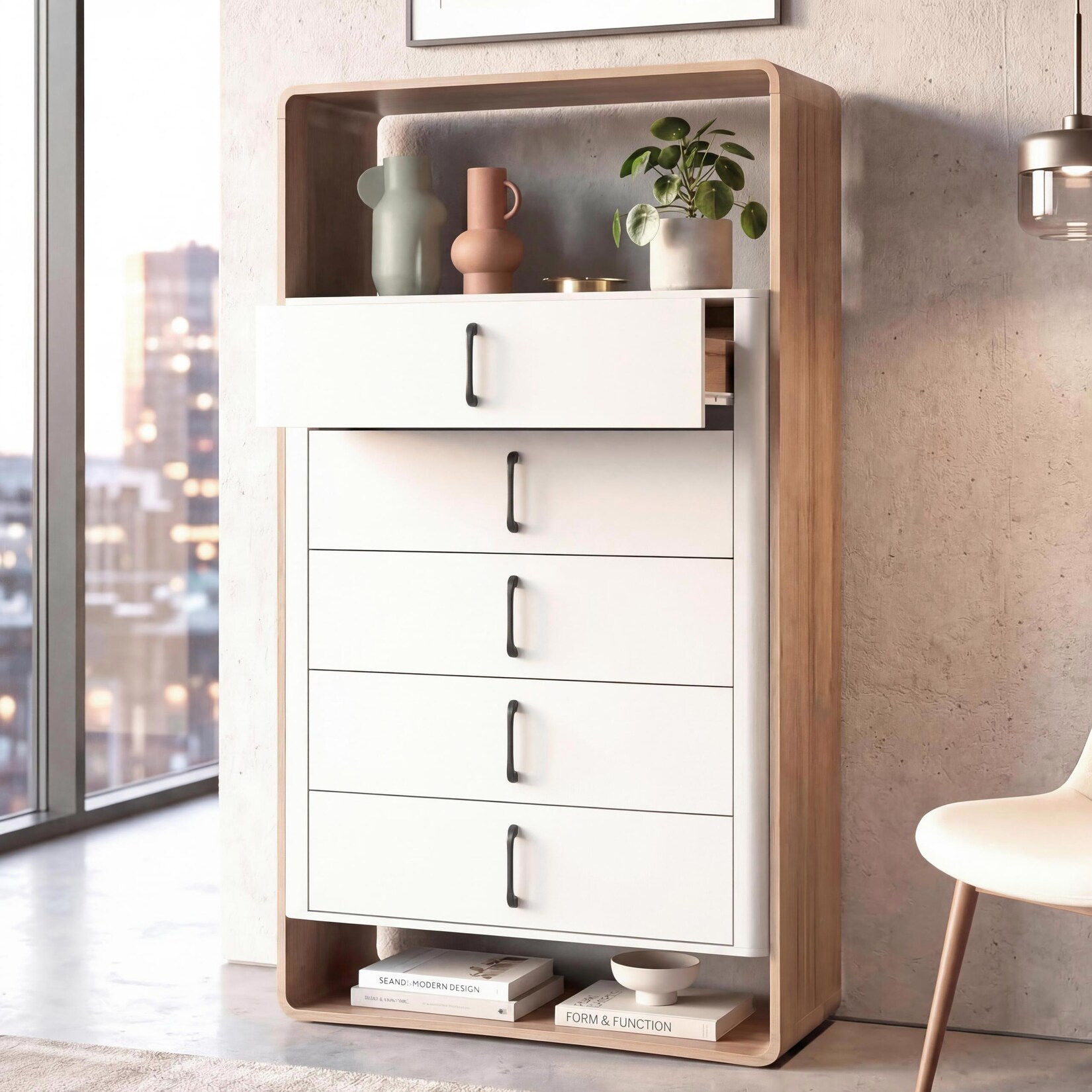 Highboard -P43, Hochschrank Sideboard Kommode, 5 Schubladen MDF 155x80x41cm ~ Wotan-Eiche-Optik, weiß
