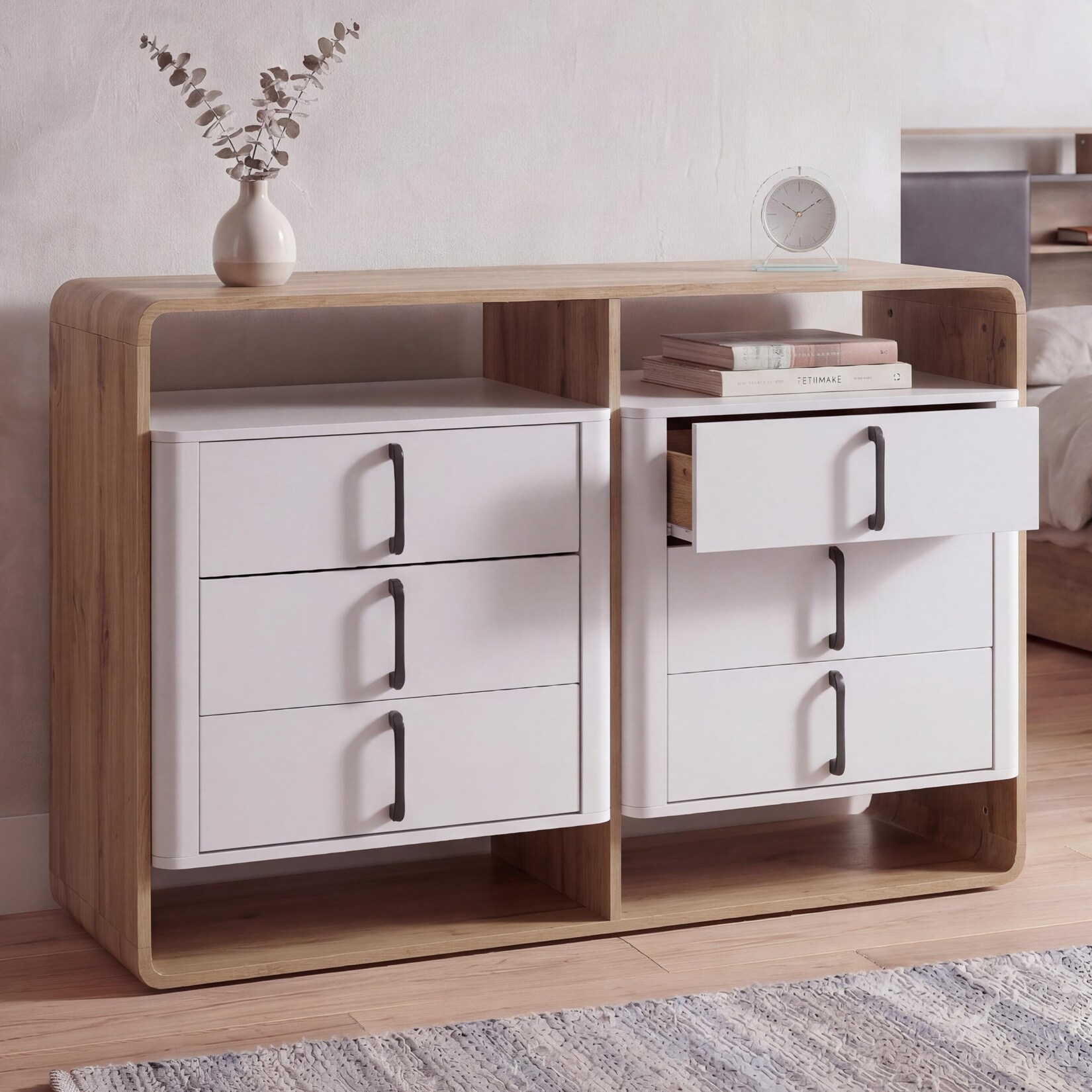 Kommode MCW-P43, Schrank Sideboard Highboard, 6 Schubladen MDF 80x120x42cm ~ Wotan-Eiche-Optik, weiß