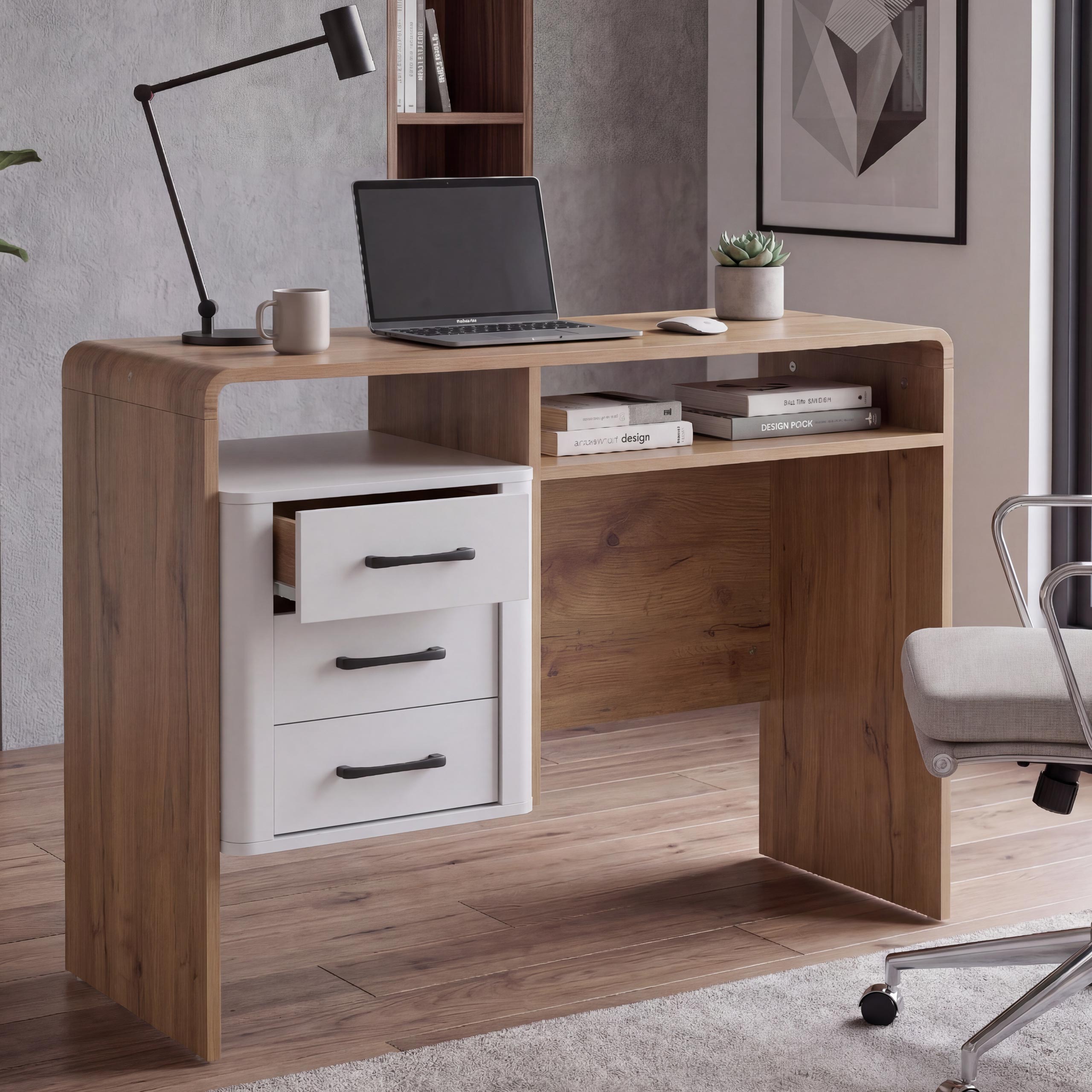 Schreibtisch MCW-P43, B&uuml;rotisch Computertisch, 3 Schubladen MDF 75x100x40cm ~ Wotan-Eiche-Optik, wei&szlig; - Bild 1