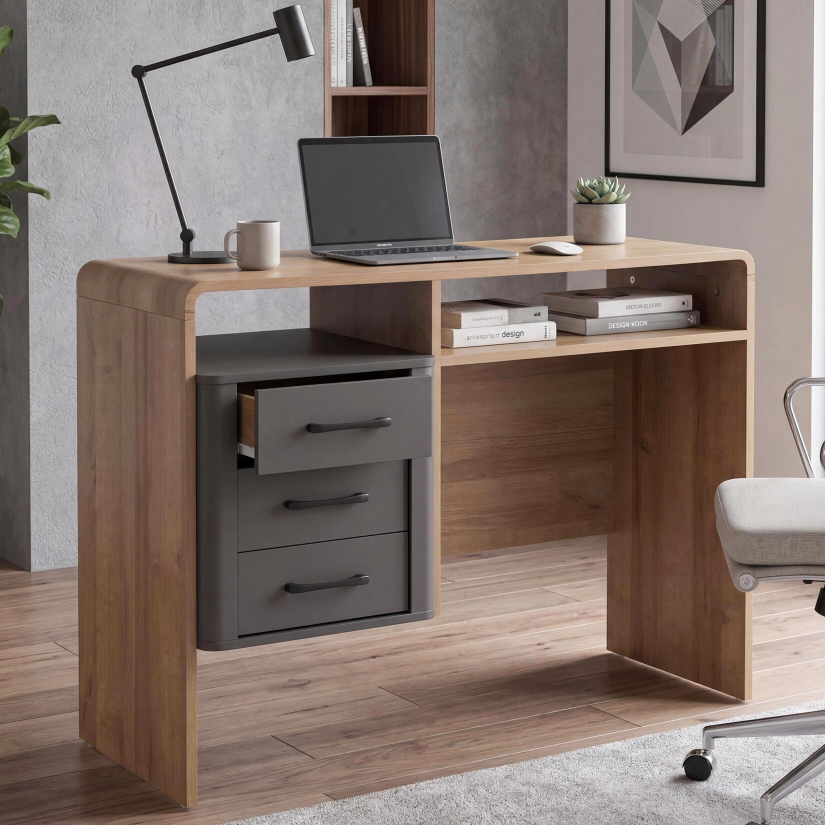 Schreibtisch MCW-P43, Bürotisch Computertisch, 3 Schubladen MDF 75x100x40cm ~ Rivera-Eiche-Optik, dunkelgrau