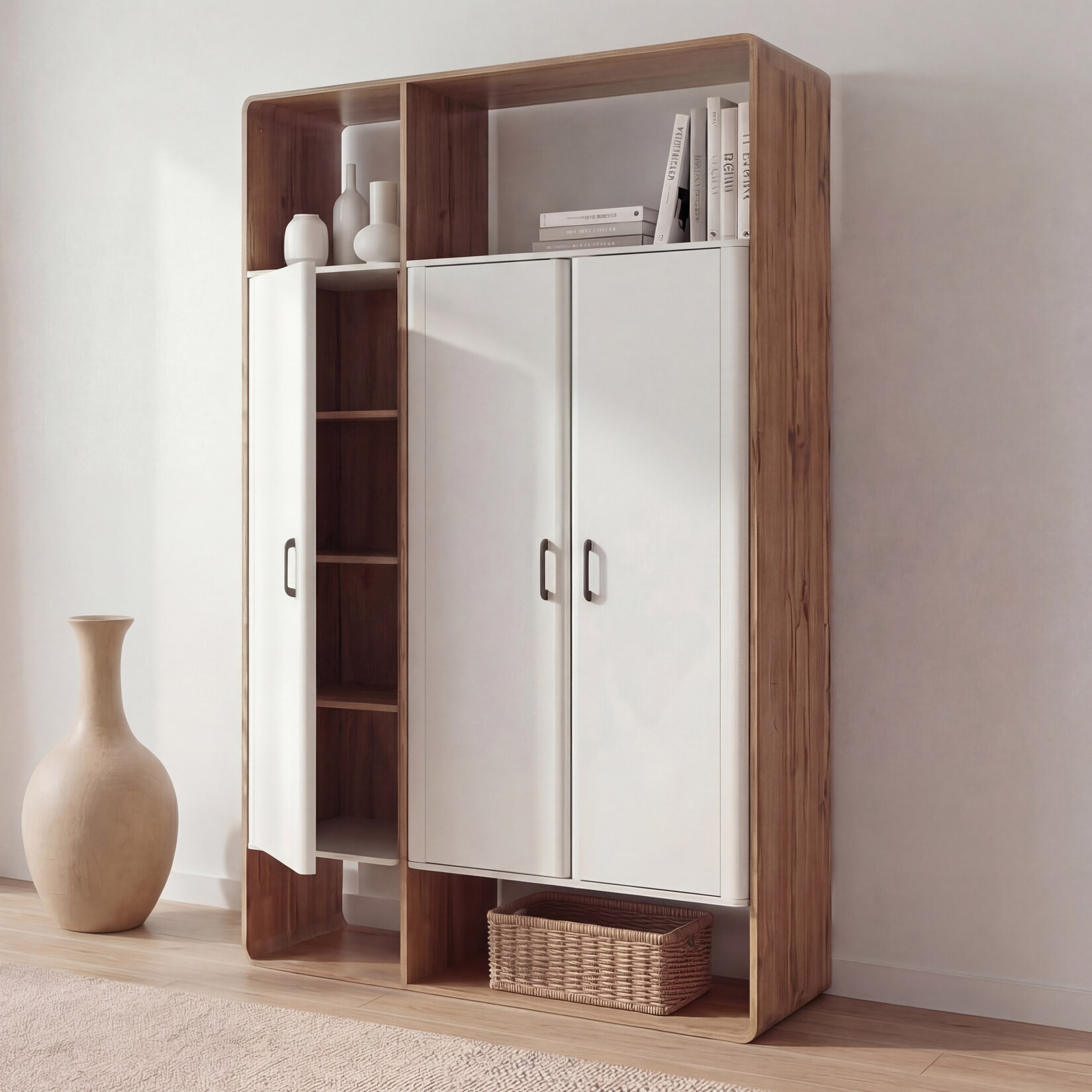Schrank MCW-P43, Garderobenschrank Kleiderschrank Highboard 3 Türen MDF 200x120x55cm ~ Wotan-Eiche-Optik, weiß