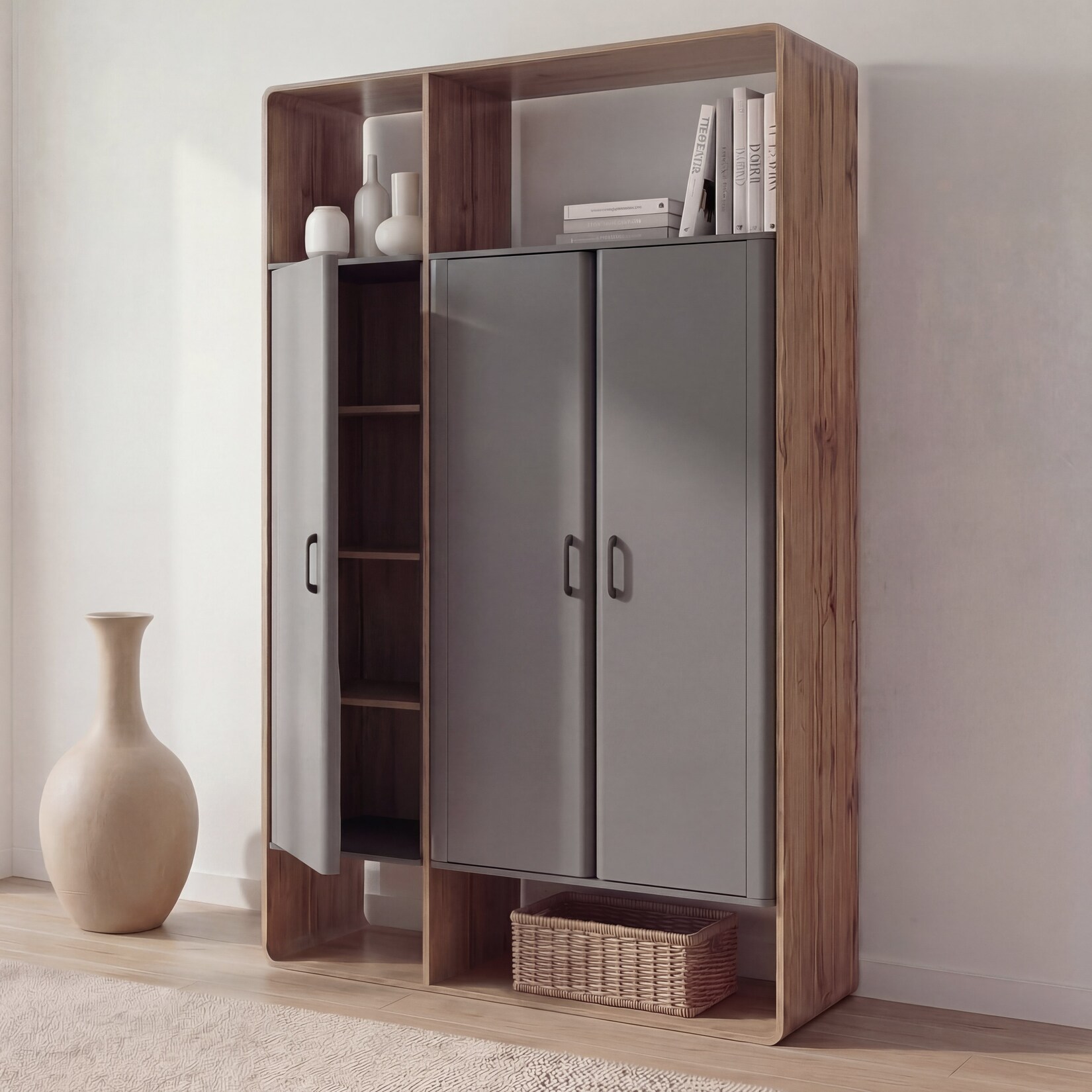 Schrank MCW-P43, Garderobenschrank Kleiderschrank Highboard 3 Türen MDF 200x120x55cm ~ Rivera-Eiche-Optik, dunkelgrau