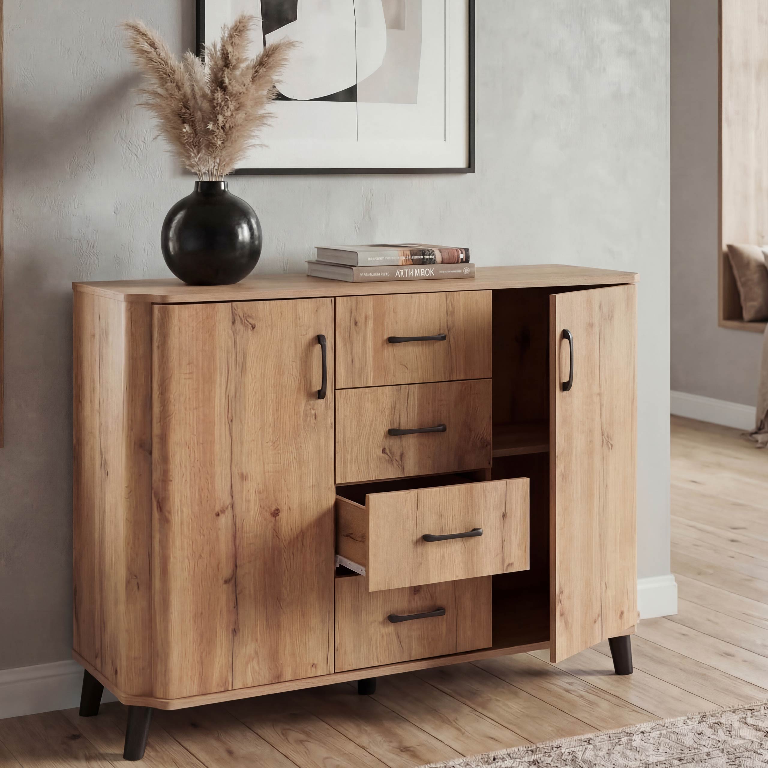 Kommode MCW-P42, Sideboard Schrank Anrichte, 4 Schubladen Stauf&auml;cher 2 T&uuml;ren, MDF 92x120x40cm ~ Wotan-Eiche-Optik - Bild 1