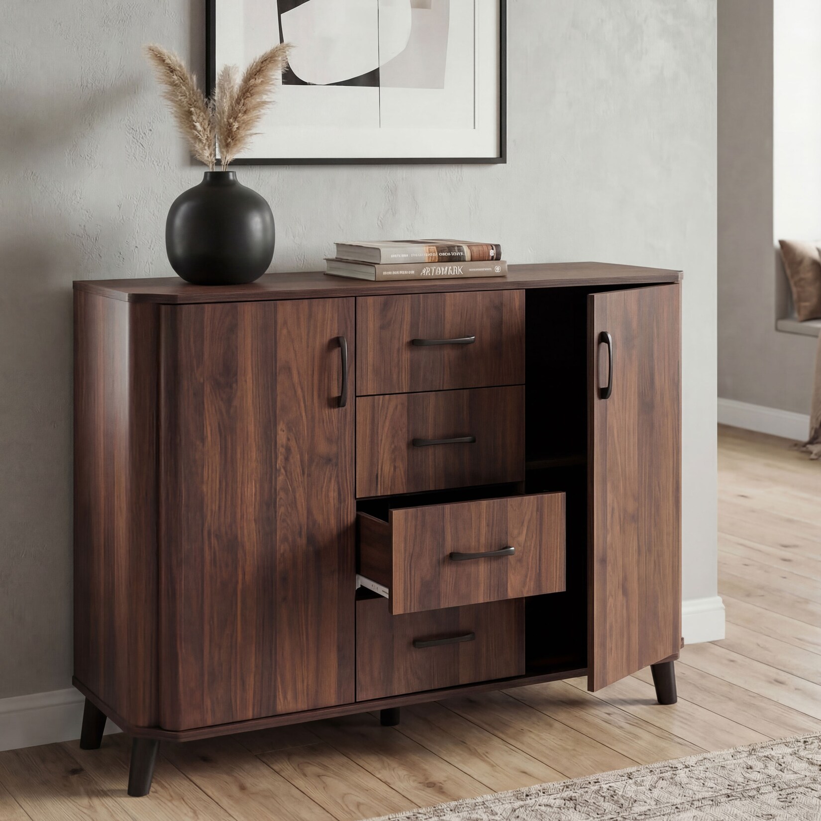 Kommode MCW-P42, Sideboard Schrank Anrichte, 4 Schubladen Staufächer 2 Türen, MDF 92x120x40cm ~ Walnuss-Optik