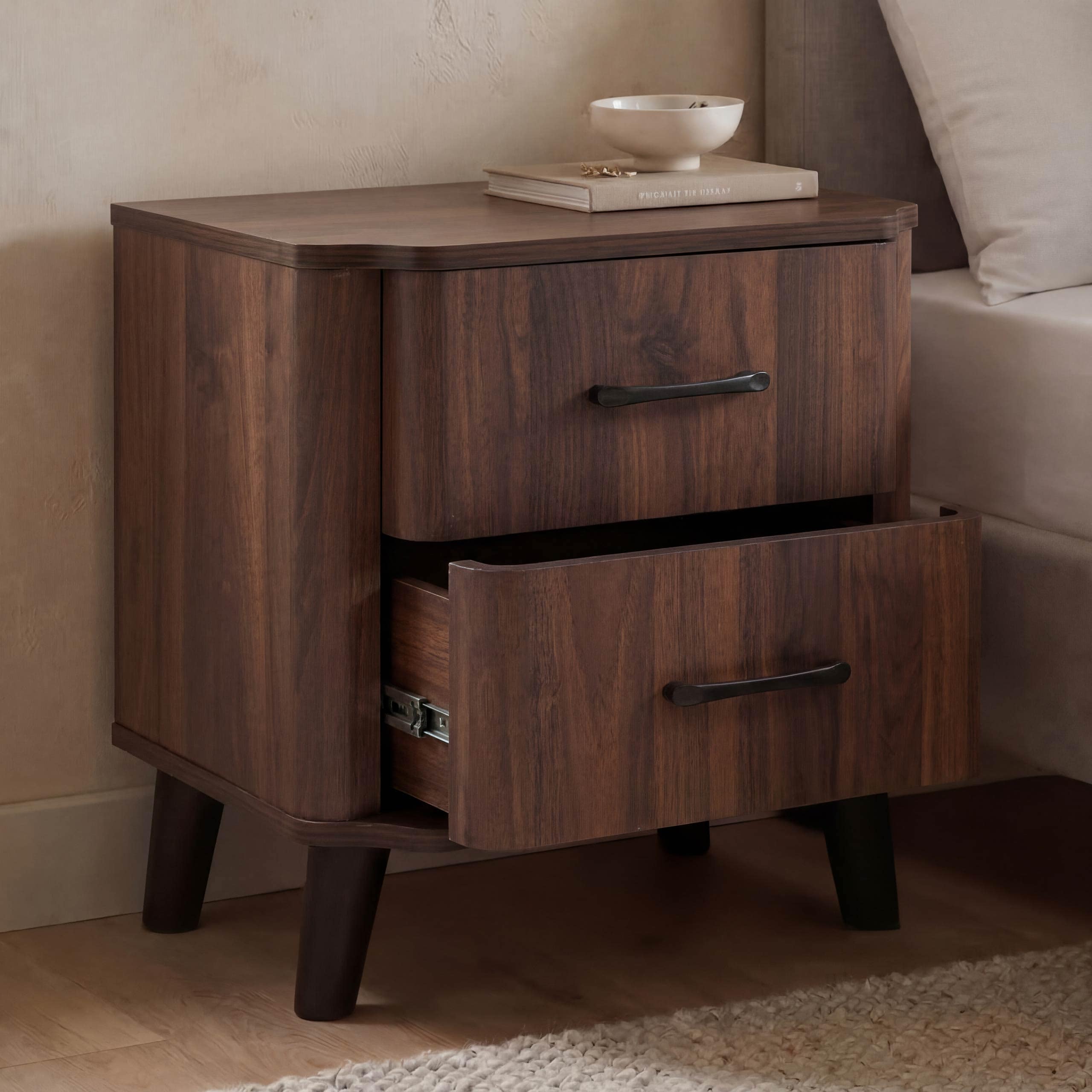 Nachttisch MCW-P42, Nachtkasten Nachtschrank Nachtkommode, 2 Schubladen MDF 50x48x40cm ~ Walnuss-Optik - Bild 1