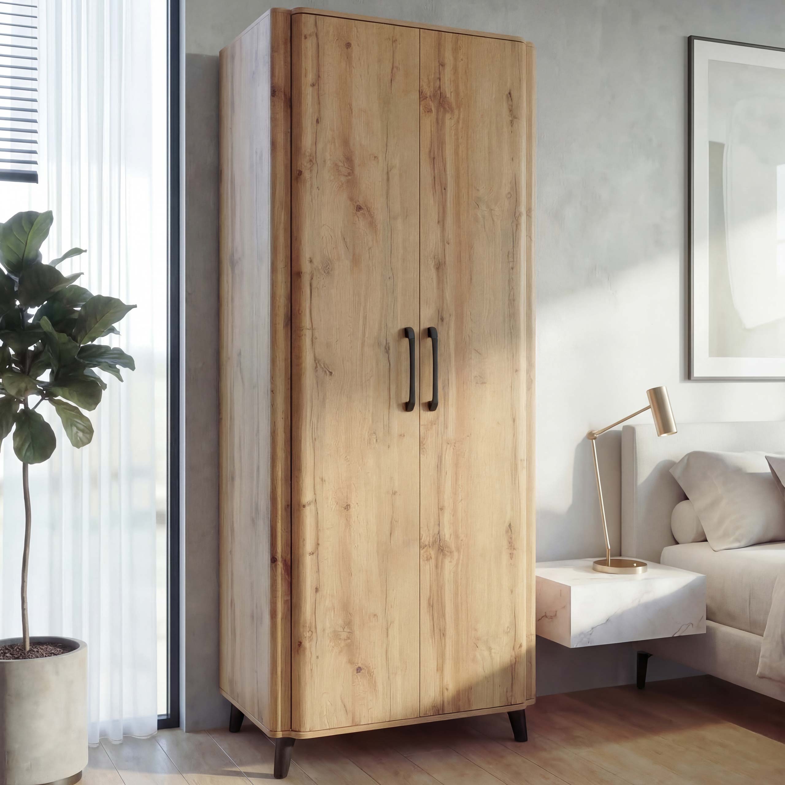 Hochschrank MCW-P42, Kleider-/Garderobenschrank Kleideraufbewahrung Schrank 2 T&uuml;ren MDV&nbsp;216x80x57cm ~ Wotan-Eiche-Optik - Bild 1