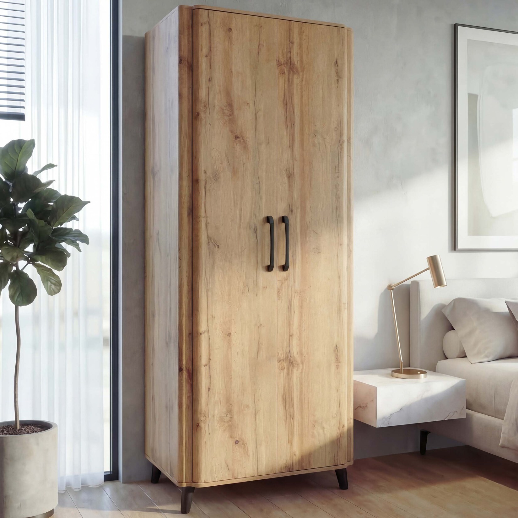 Hochschrank MCW-P42, Kleider-/Garderobenschrank Kleideraufbewahrung Schrank 2 Türen MDV 216x80x57cm ~ Wotan-Eiche-Optik