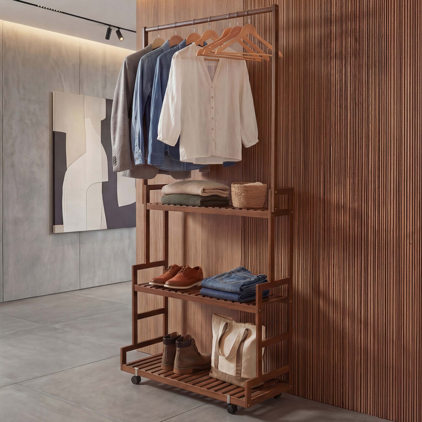 Bambus Standgarderobe MCW-Q33, Garderobenständer Kleiderständer Schuhregal, Stange 3 Ablagen Rollen 175x93x38cm ~ braun