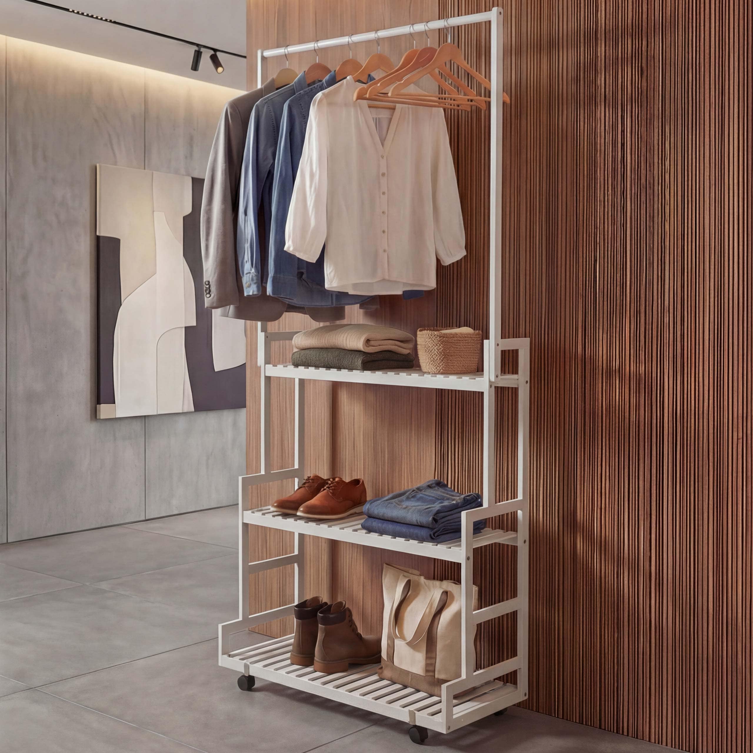 Bambus Standgarderobe MCW-Q33, Garderobenst&auml;nder Kleiderst&auml;nder Schuhregal, Stange 3 Ablagen Rollen 175x93x38cm ~ wei&szlig; - Bild 1