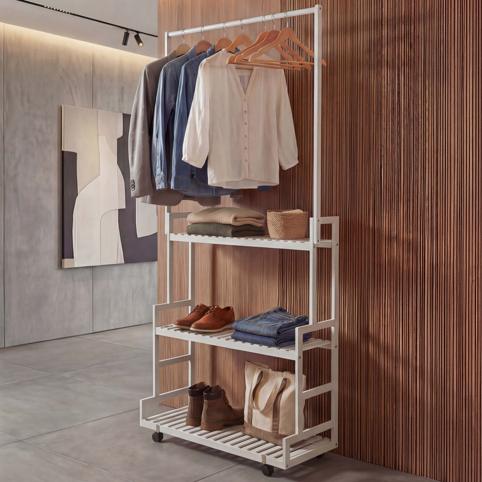 Bambus Standgarderobe MCW-Q33, Garderobenständer Kleiderständer Schuhregal, Stange 3 Ablagen Rollen 175x93x38cm ~ weiß