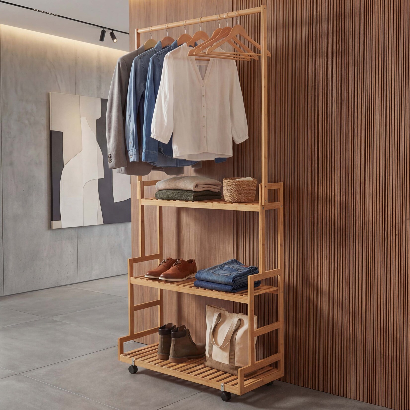 Bambus Standgarderobe MCW-Q33, Garderobenständer Kleiderständer Schuhregal, Stange 3 Ablagen Rollen 175x93x38cm ~ natur