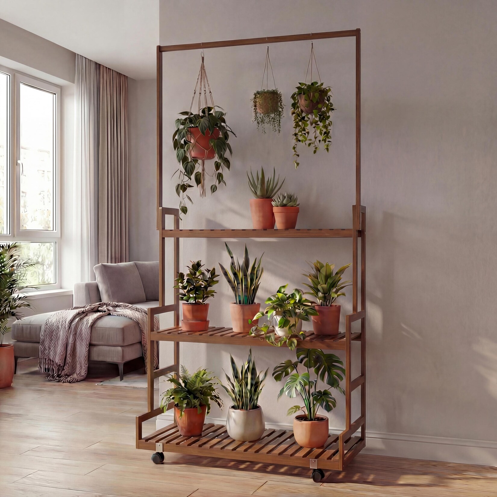 Bambus Pflanzenregal -Q33, Blumentreppe Blumenständer Pflanzentreppe, Stange 3 Ablagen Rollen 175x93x38cm ~ braun