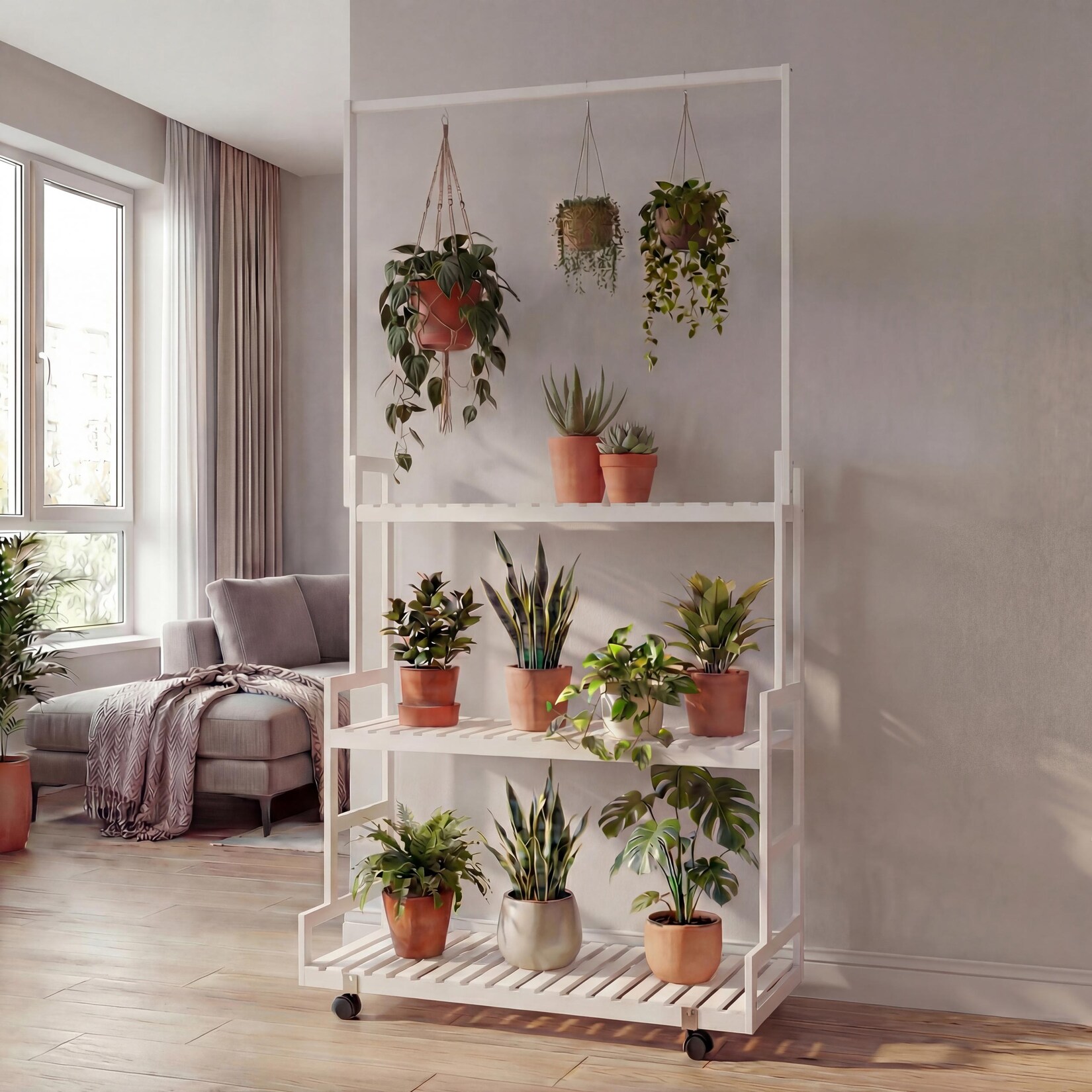Bambus Pflanzenregal -Q33, Blumentreppe Blumenständer Pflanzentreppe, Stange 3 Ablagen Rollen 175x93x38cm ~ weiß