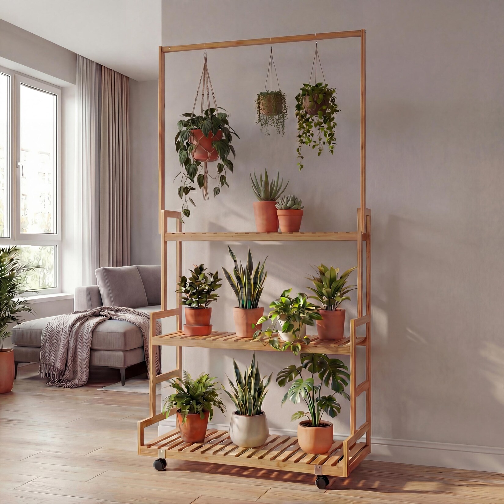 Bambus Pflanzenregal -Q33, Blumentreppe Blumenständer Pflanzentreppe, Stange 3 Ablagen Rollen 175x93x38cm ~ natur