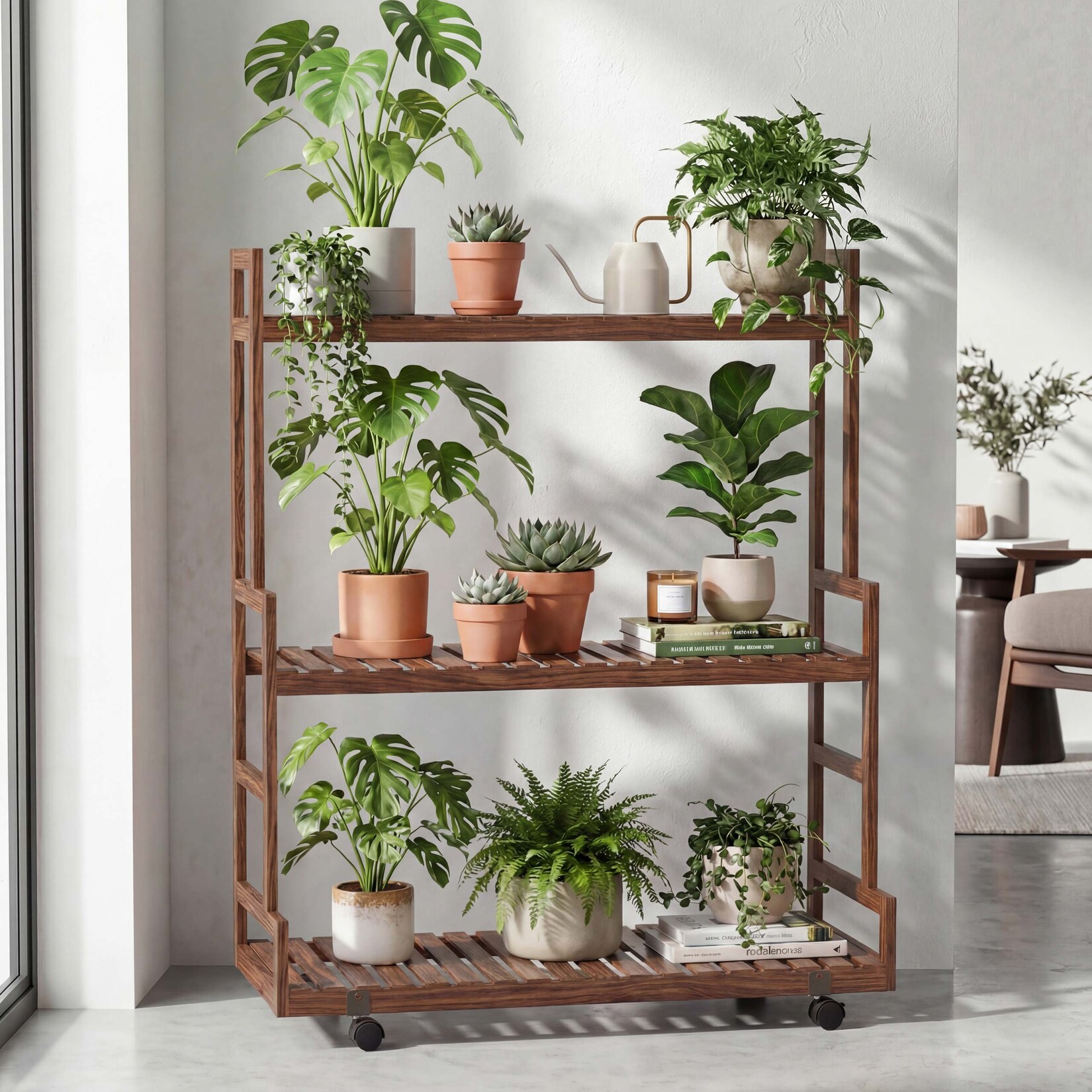 Bambus Pflanzenregal -Q33, Blumentreppe Blumenständer Pflanzentreppe, 3 Ablagen Rollen 105x90x38cm ~ braun