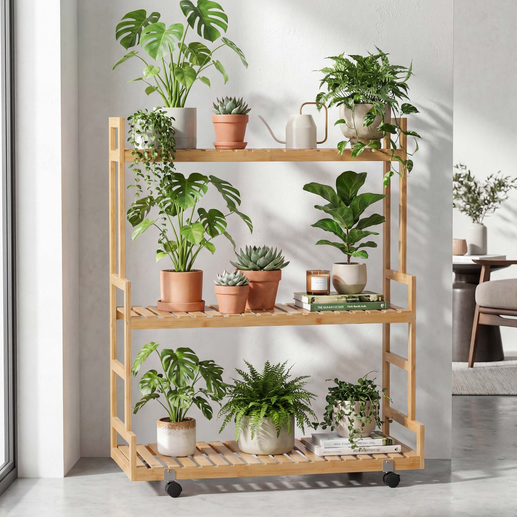 Bambus Pflanzenregal -Q33, Blumentreppe Blumenständer Pflanzentreppe, 3 Ablagen Rollen 105x90x38cm ~ natur