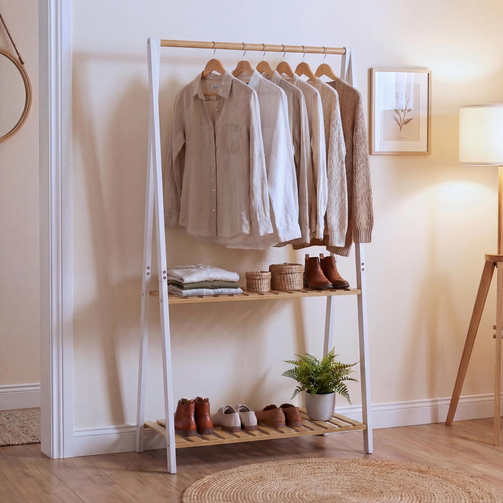Bambus Standgarderobe MCW-Q32, Garderobenständer Kleiderständer Schuhregal, Stange 2 Ablagen 130x70x44cm ~ natur-weiß