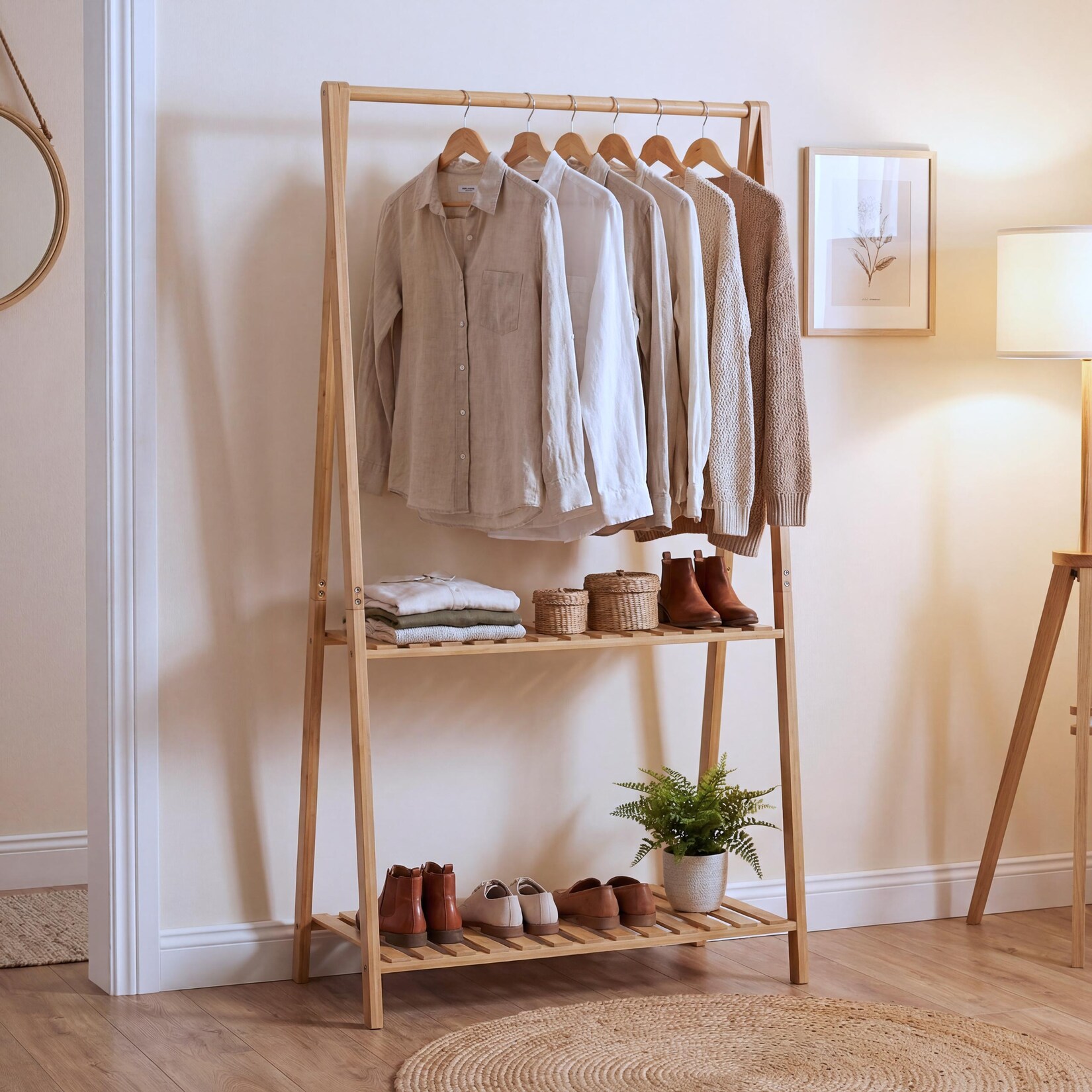Bambus Standgarderobe MCW-Q32, Garderobenständer Kleiderständer Schuhregal, Stange 2 Ablagen 130x70x44cm ~ natur