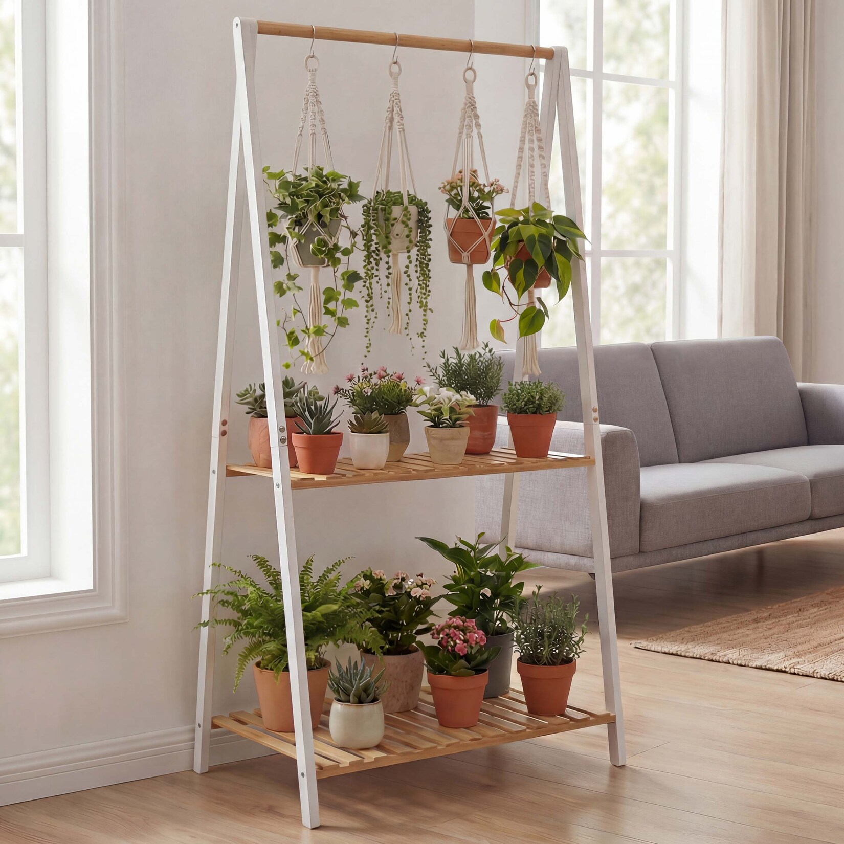 Bambus Pflanzenregal -Q32, Blumentreppe Blumenständer Pflanzentreppe, Stange 2 Ablagen 130x70x44cm ~ natur-weiß